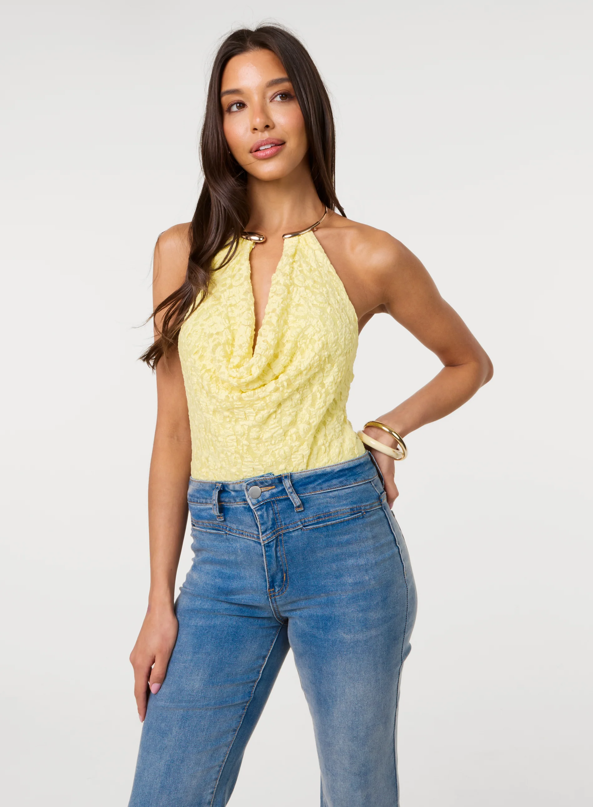 Lace Bodysuit With Halter Gold Trim