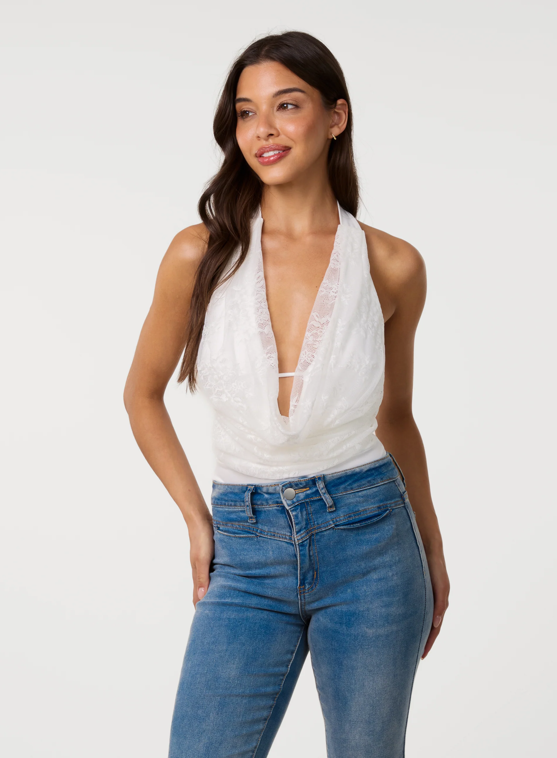 Lace Cowl Bustier Bra Cup Bodysuit