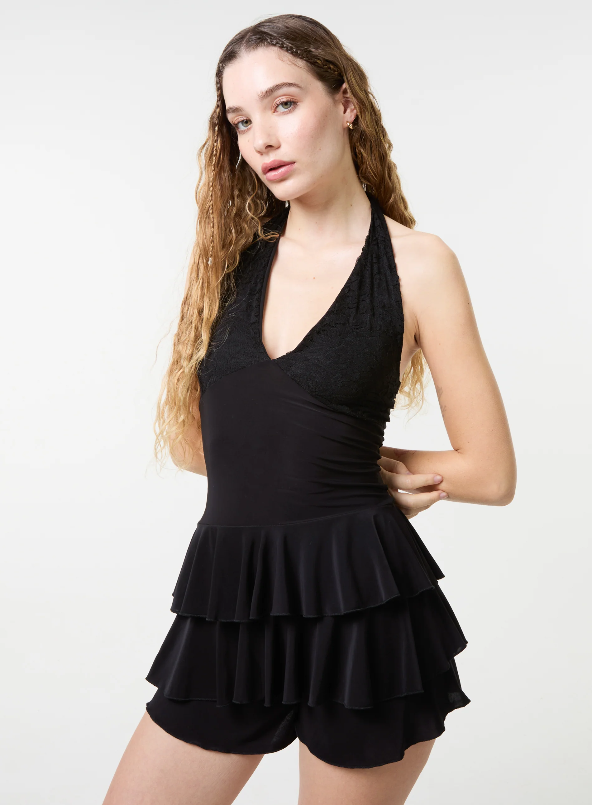 Lace Halter Neck Ruffle Playsuit - Image 3