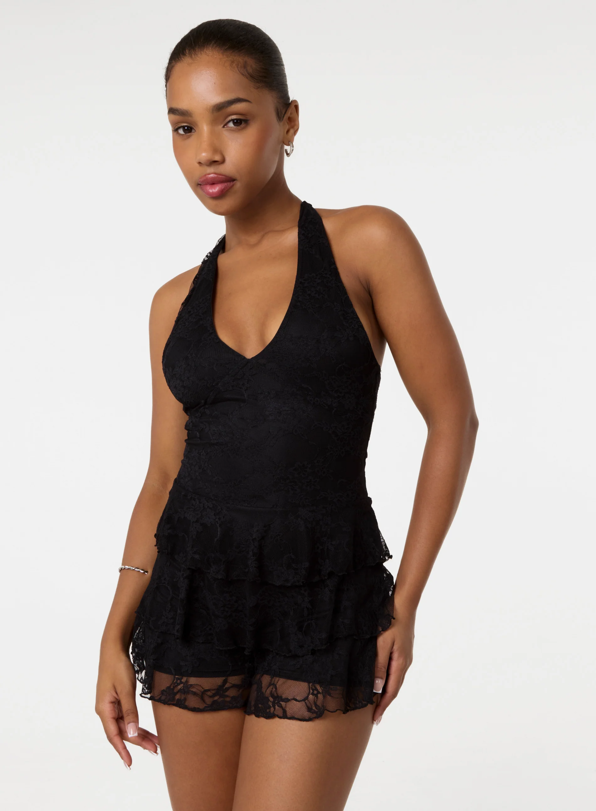 Lace Halterneck Tiered Mini Dress With Shorts - Image 3