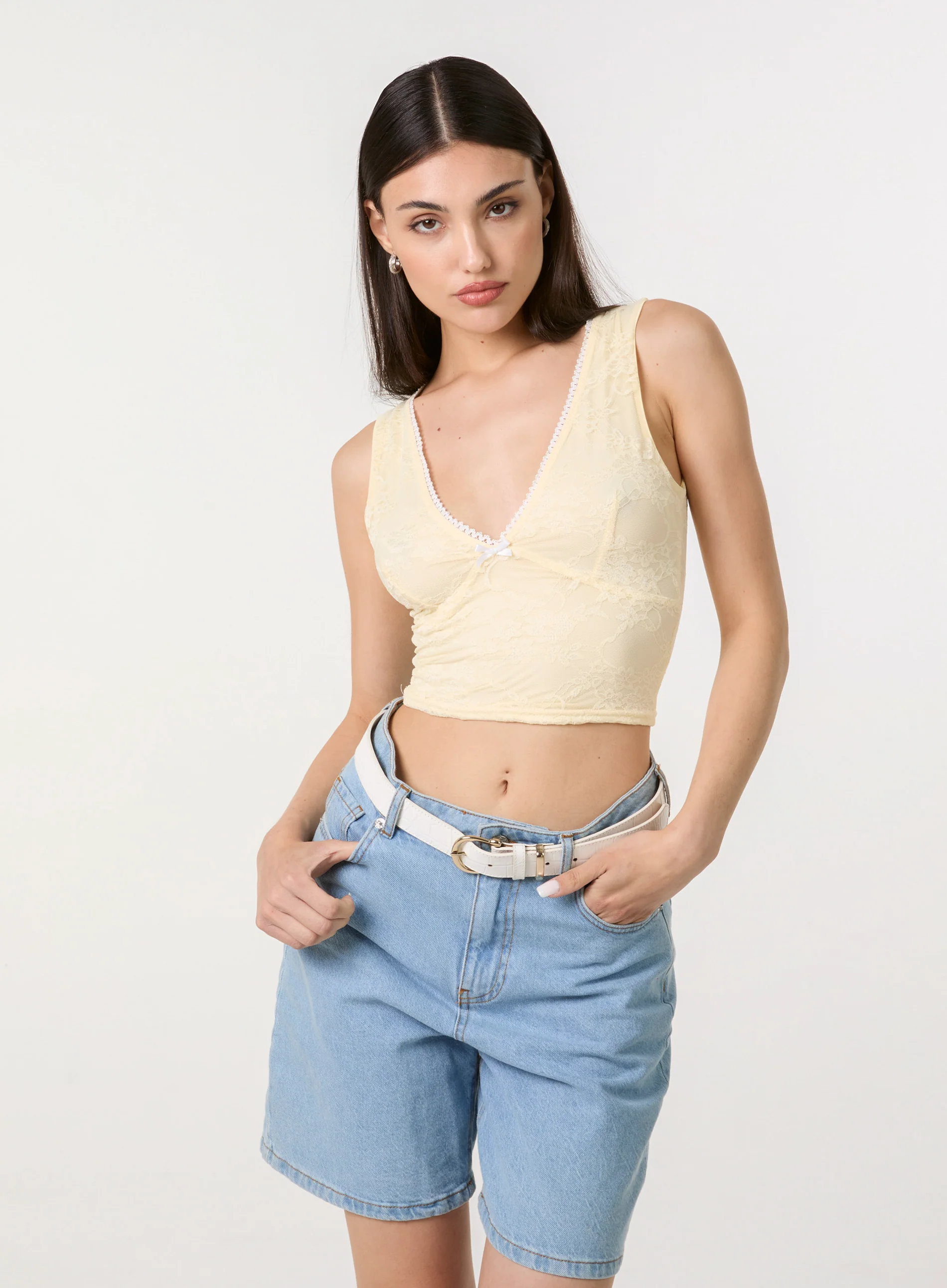 V Neck Lace Crop Top - Image 2