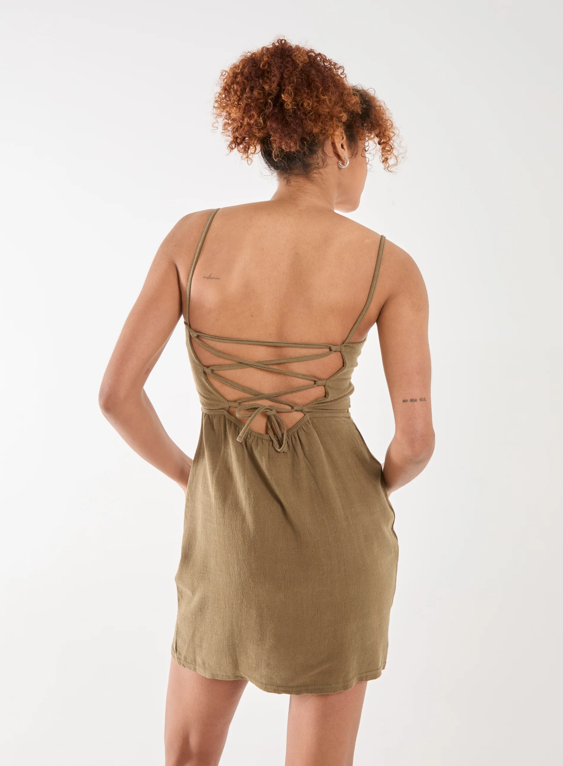 Linen Ruched Strappy Mini Dress - Image 2