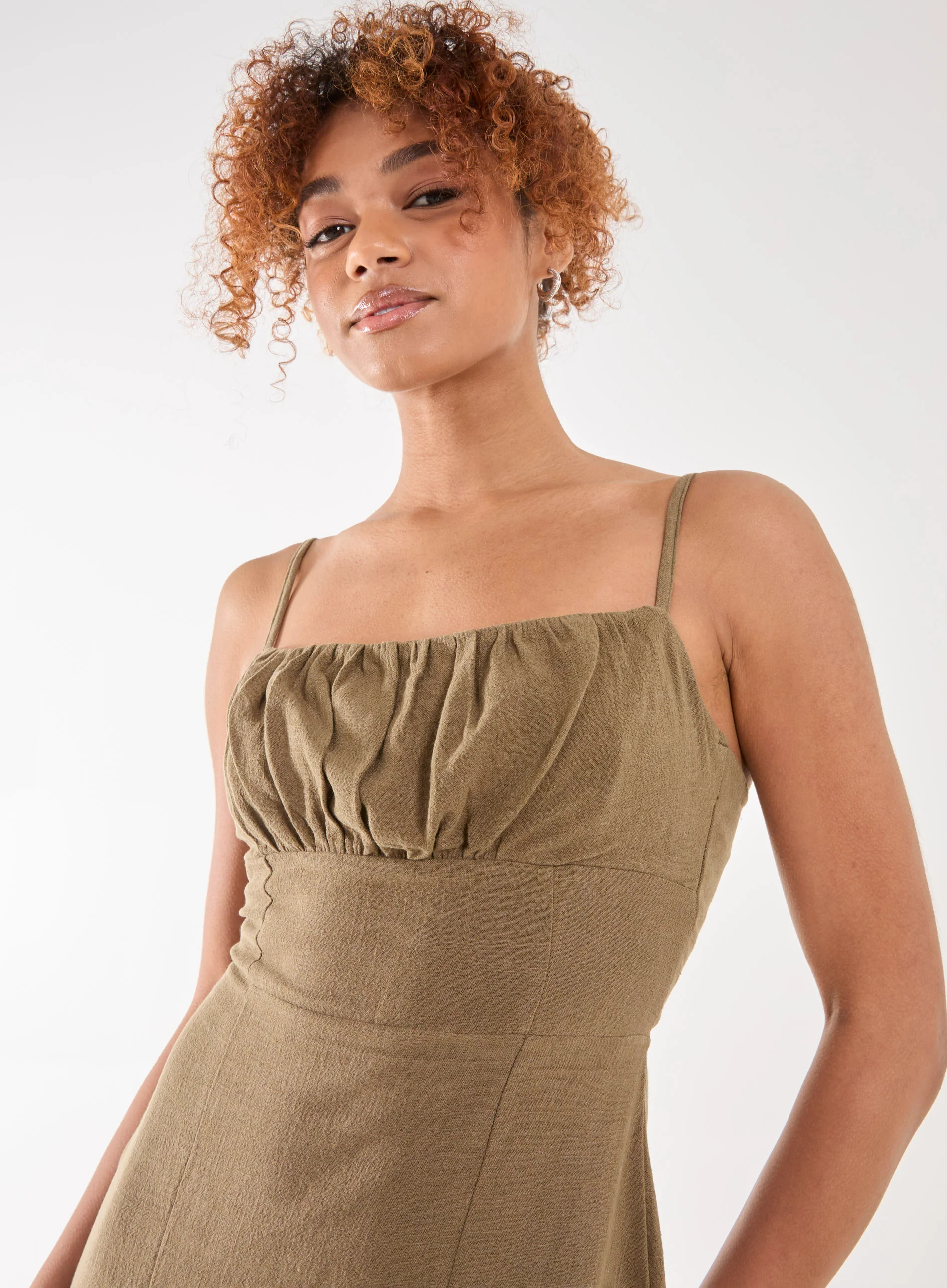Linen Ruched Strappy Mini Dress - Image 3