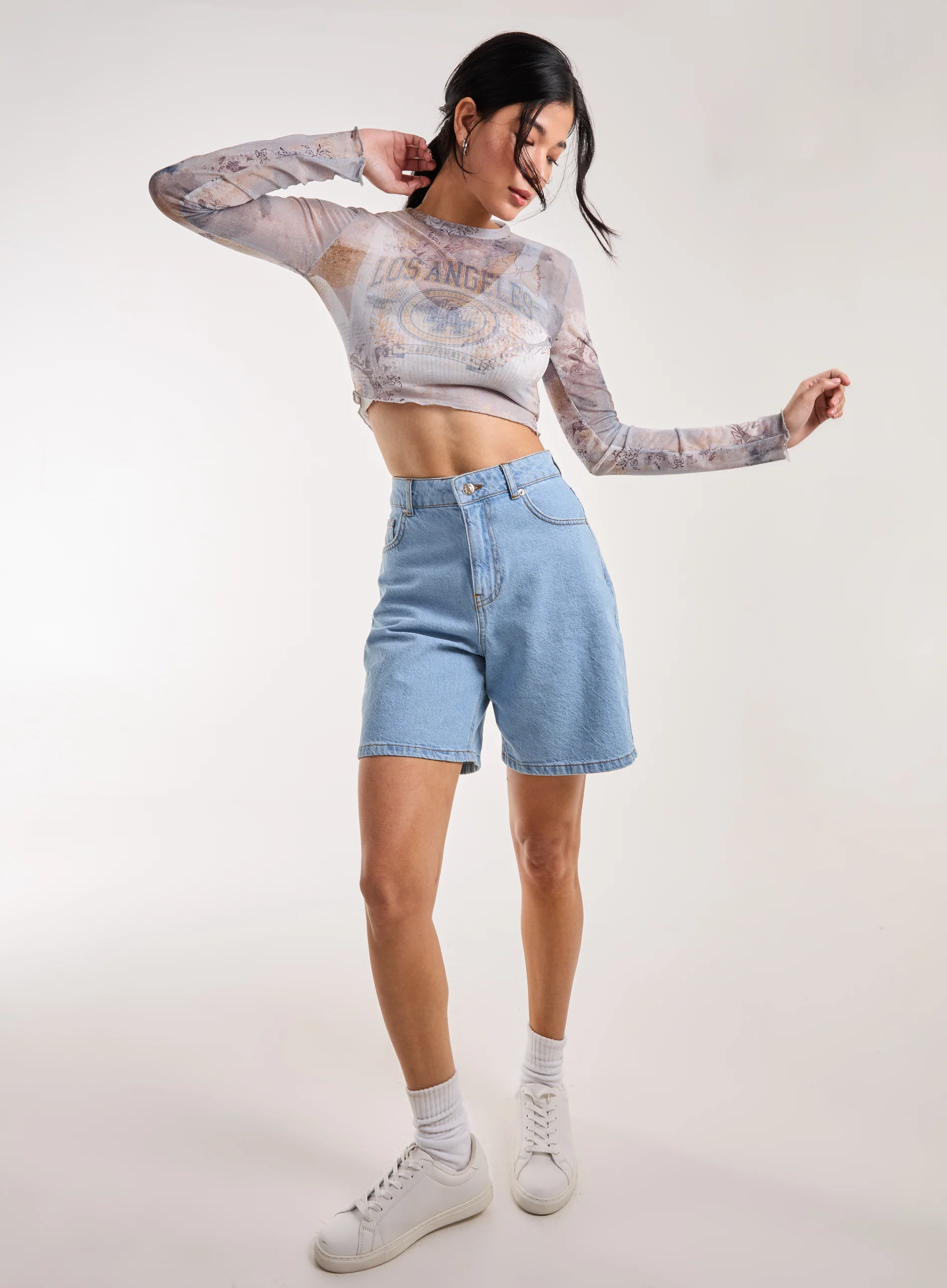 Mesh Printed LA Long Sleeve Top - Image 2