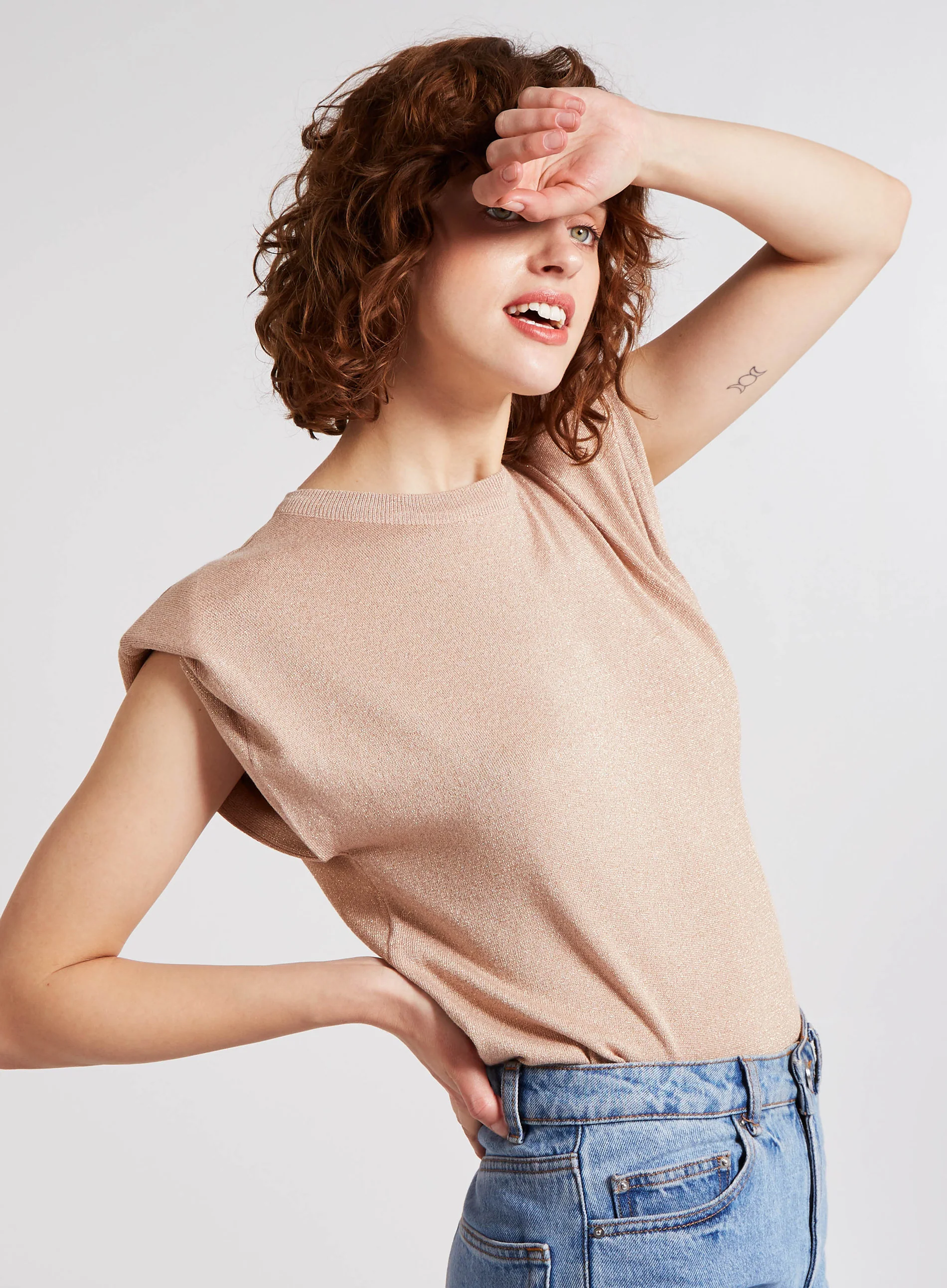 Metallic Shoulder Pads Sleeveless Jumper