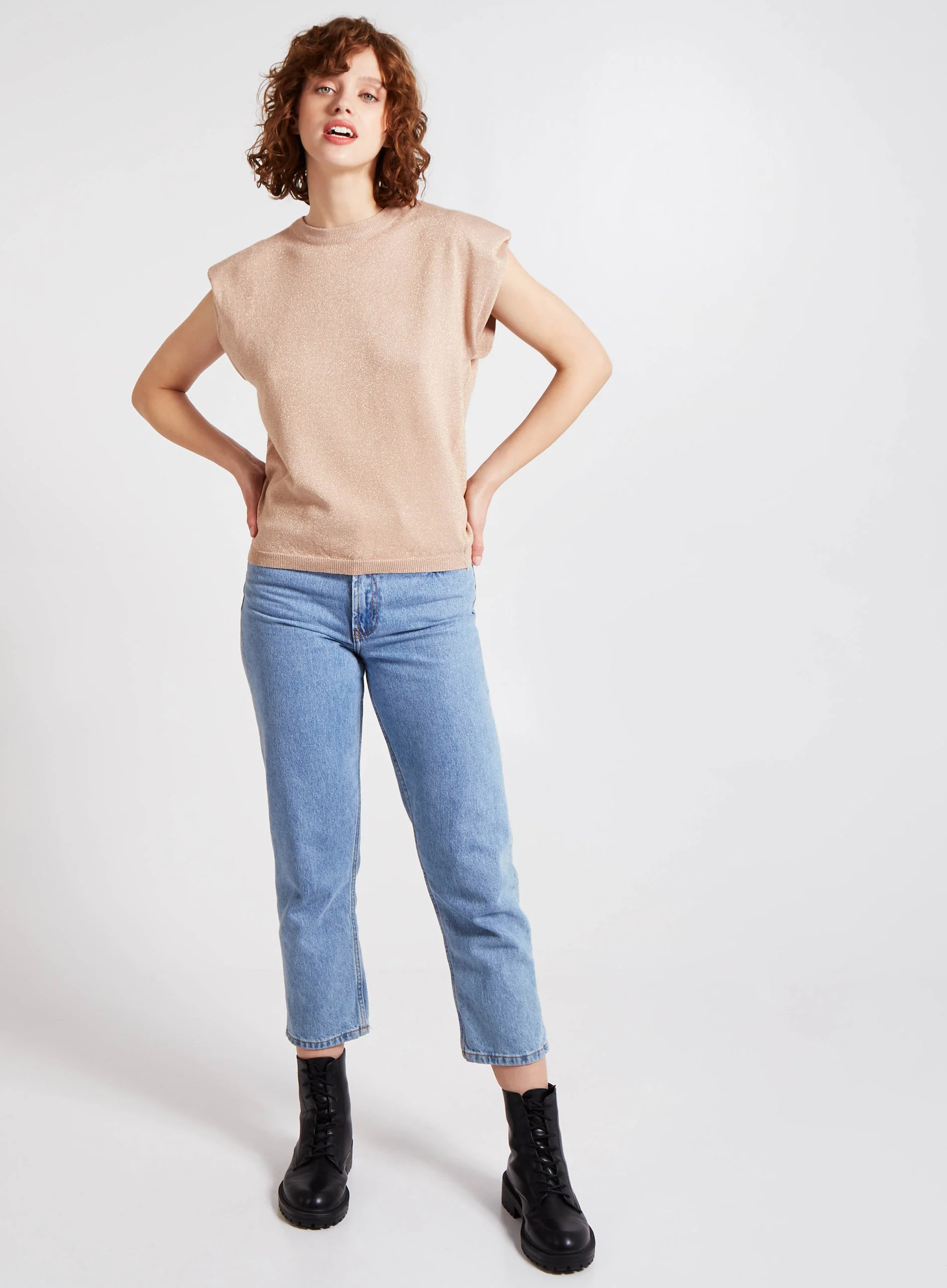 Metallic Shoulder Pads Sleeveless Jumper - Image 2