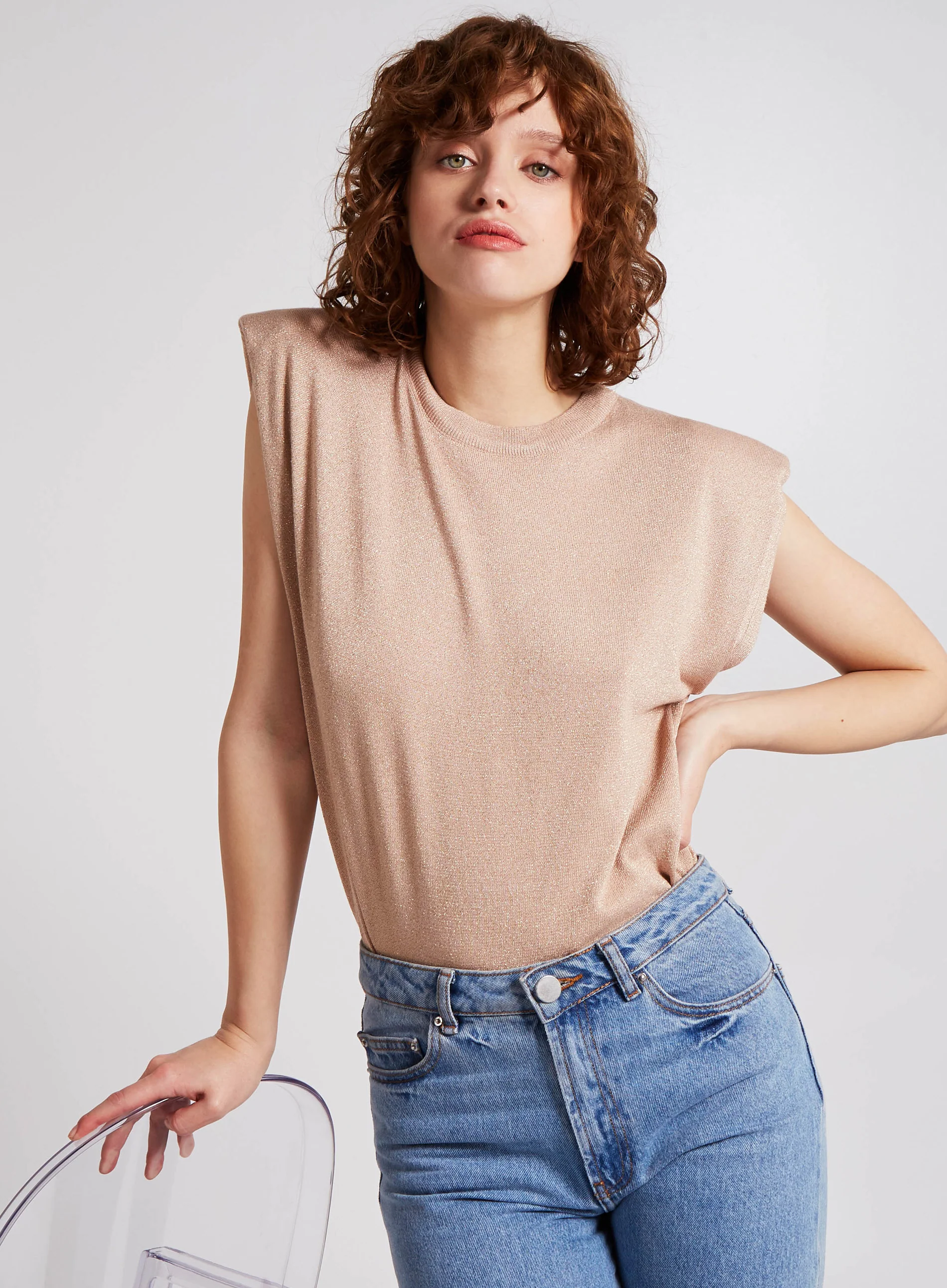 Metallic Shoulder Pads Sleeveless Jumper - Image 3