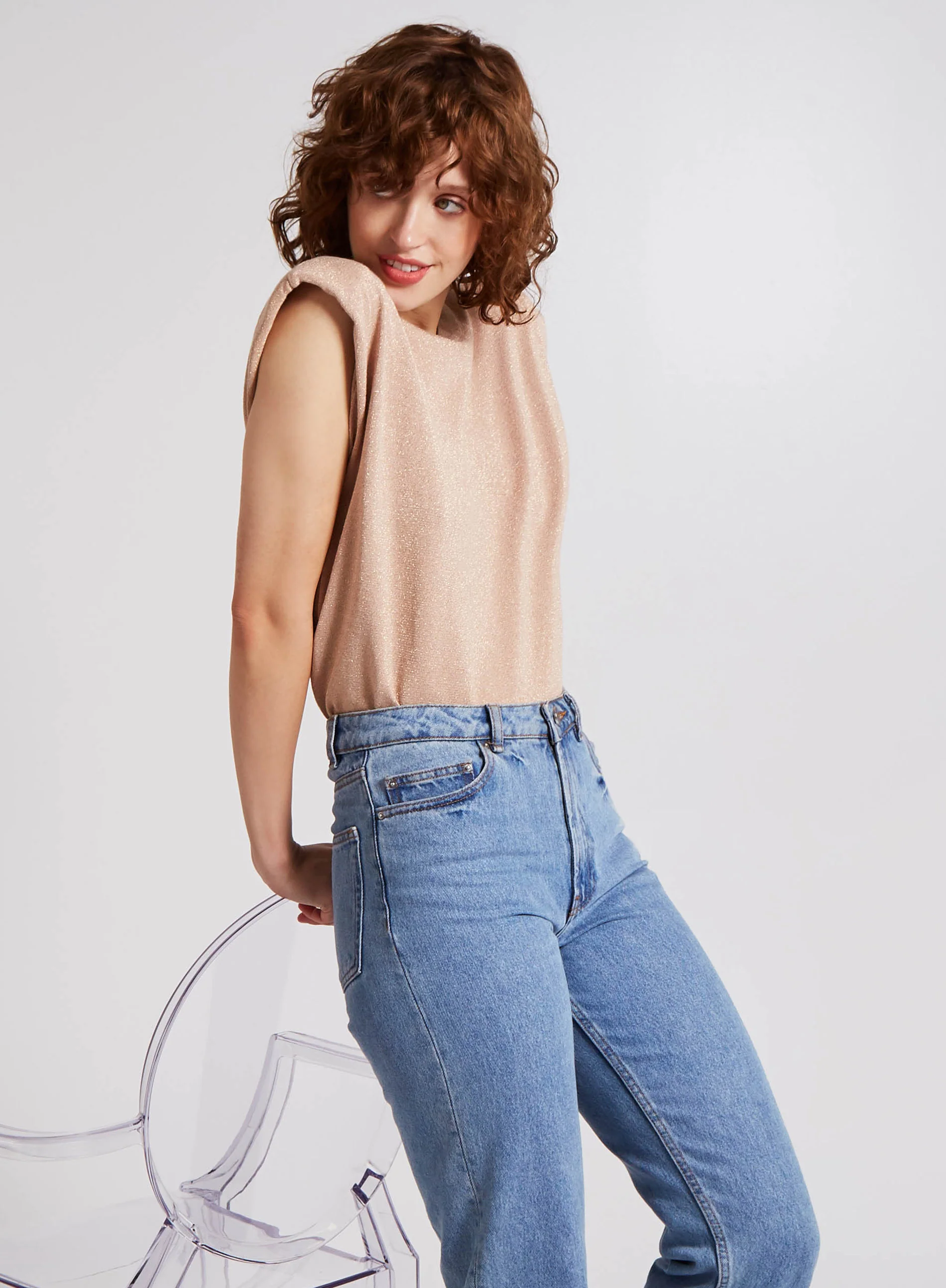 Metallic Shoulder Pads Sleeveless Jumper - Image 5