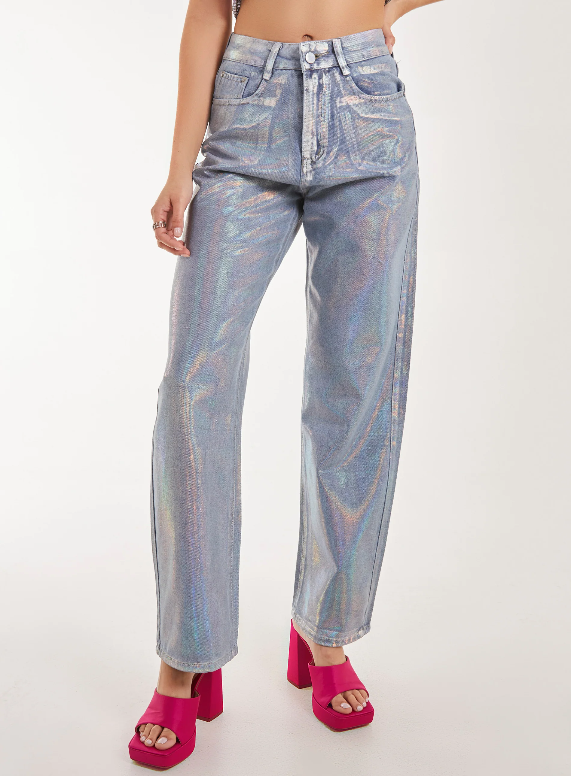 Metallic Silver Foil Coated Jeans - Image 3