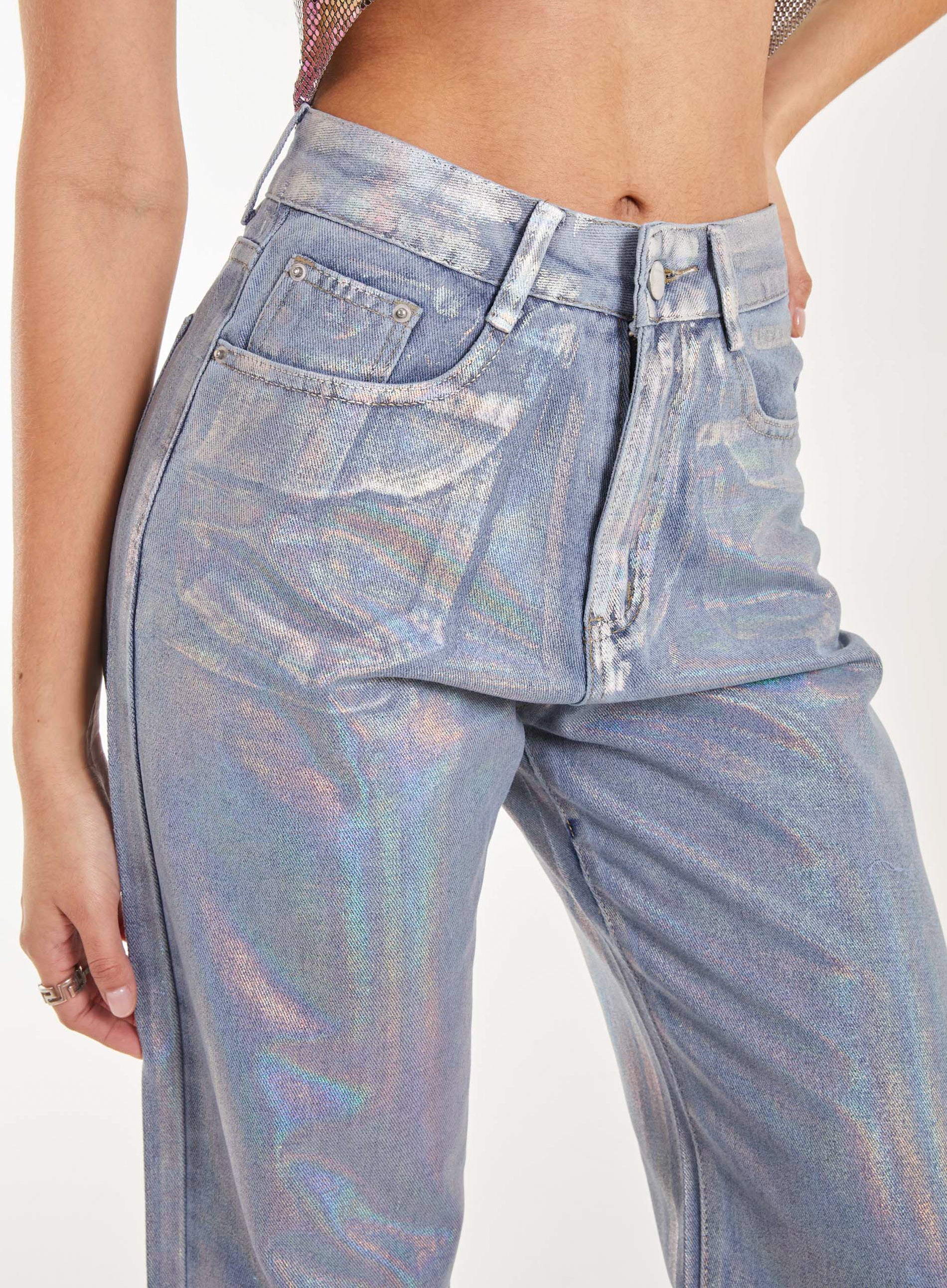Metallic Silver Foil Coated Jeans - Image 4