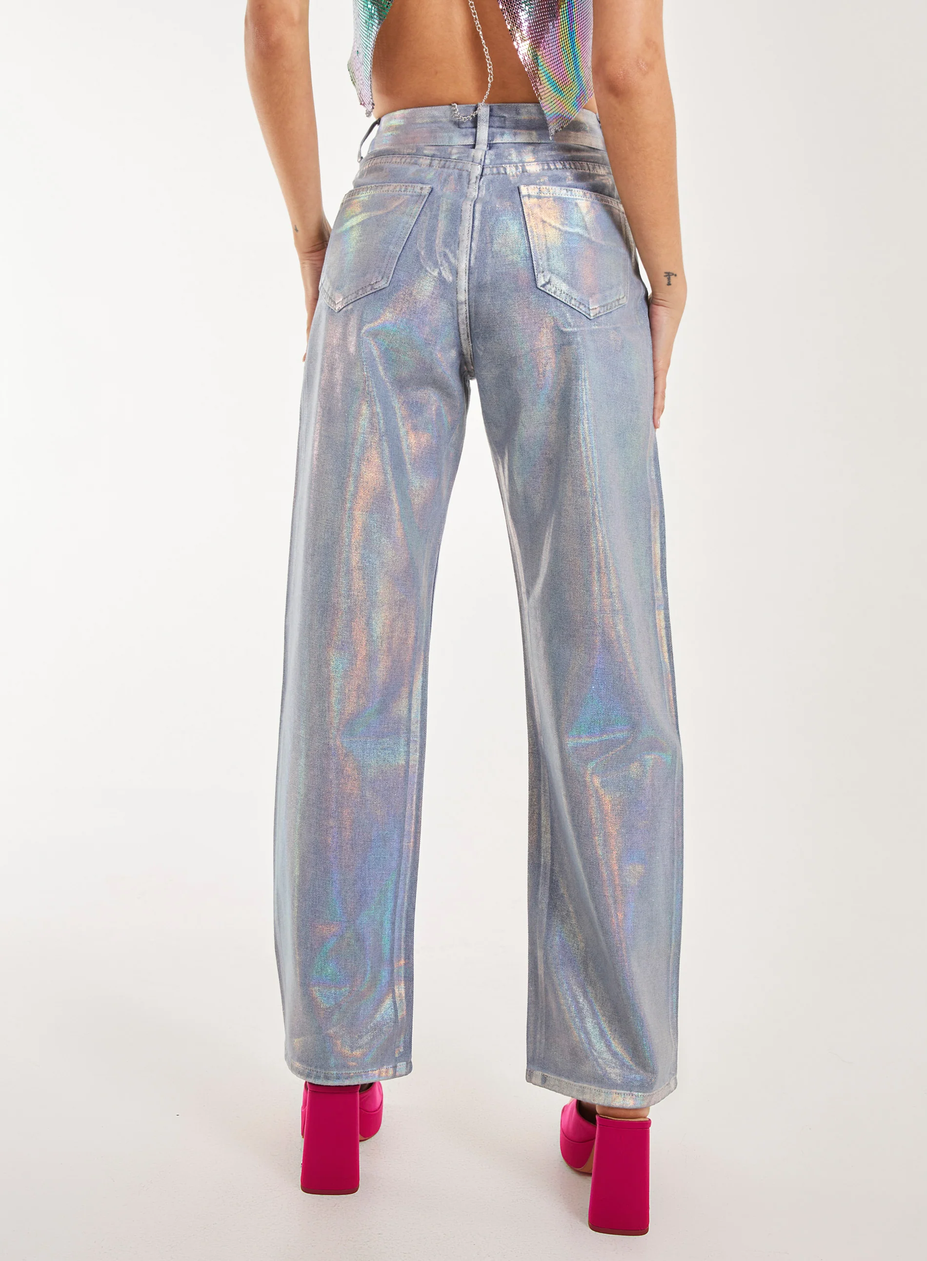 Metallic Silver Foil Coated Jeans - Image 5