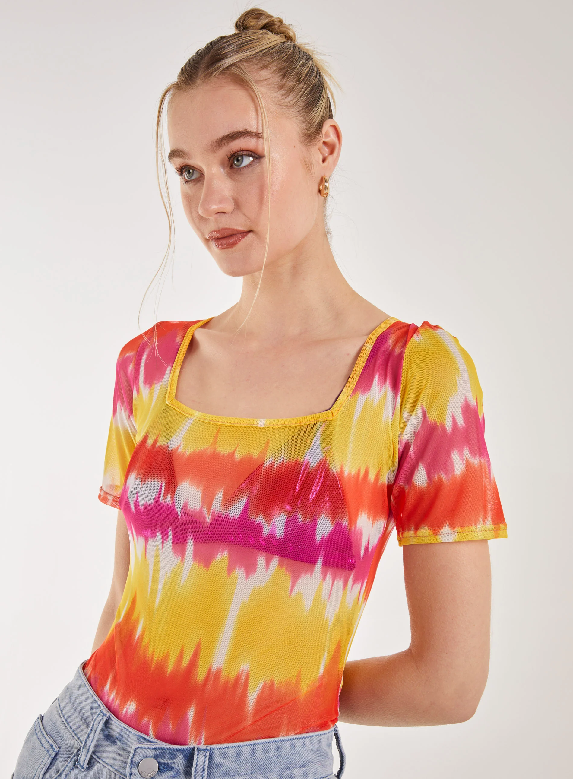 Tie Dye Mesh Square Neck Bodysuit - Image 3