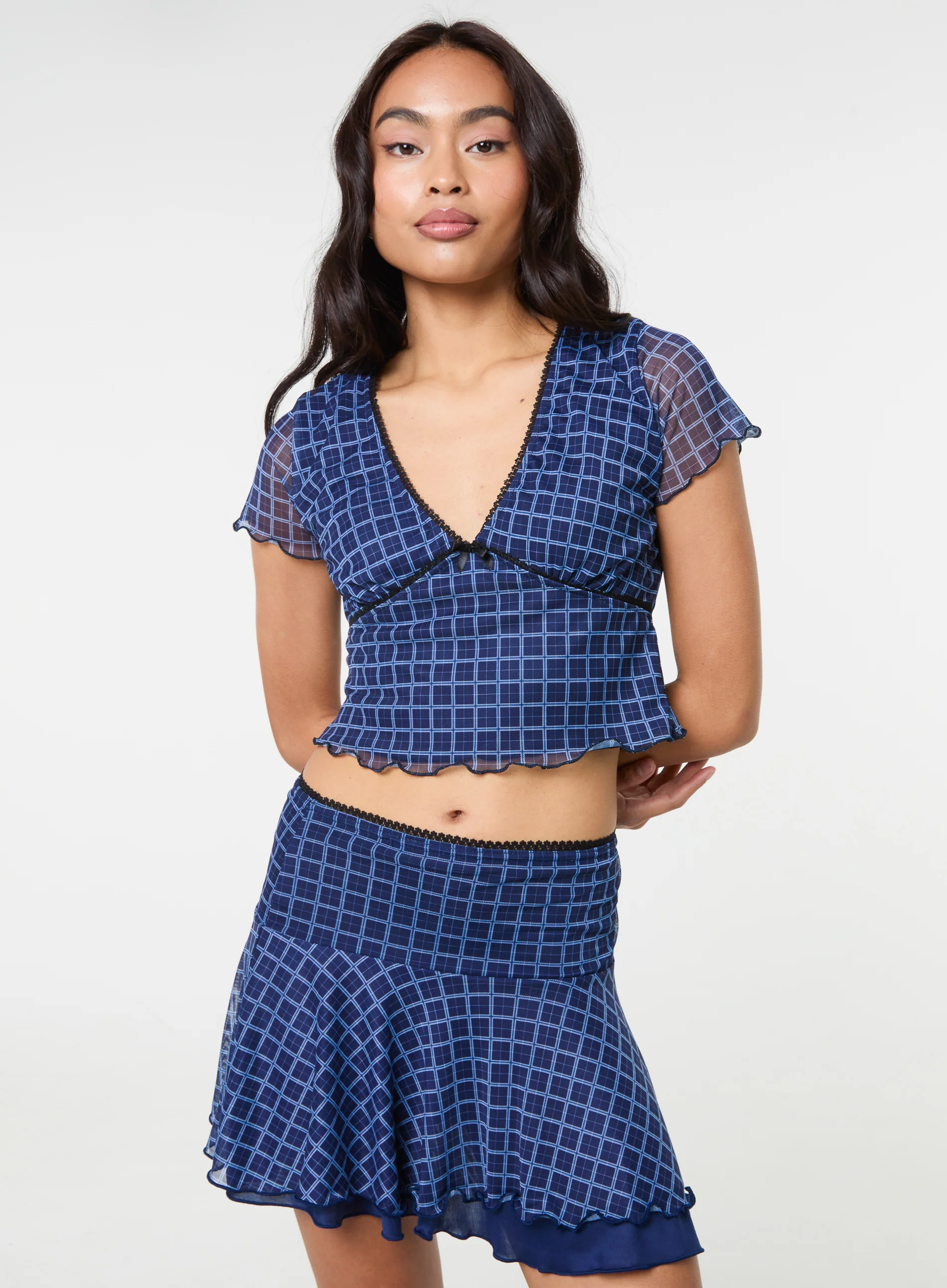 Check Cap Sleeve Crop Top - Image 3