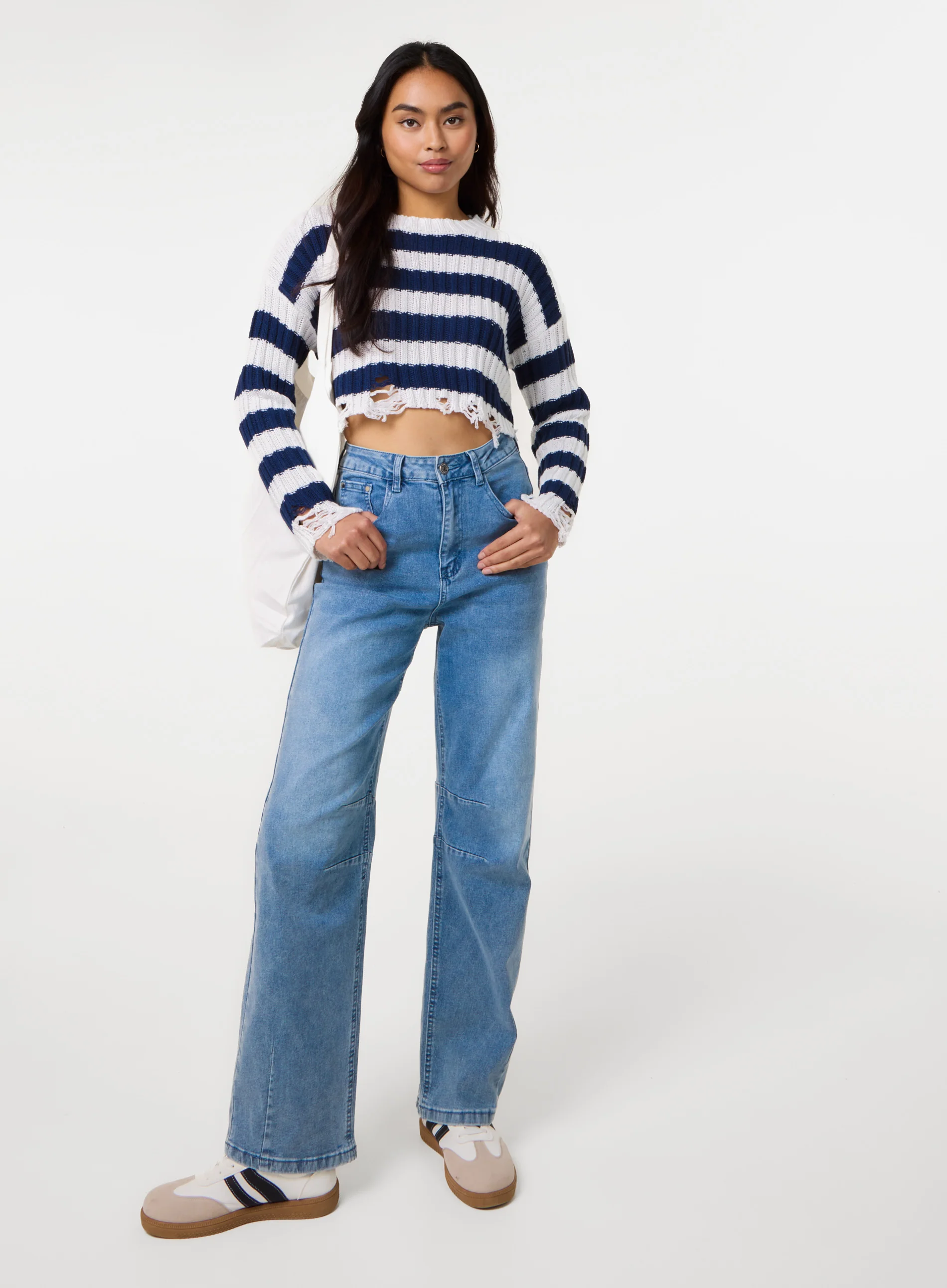 Distressed Striped Crop Knit Jumper - Image 2