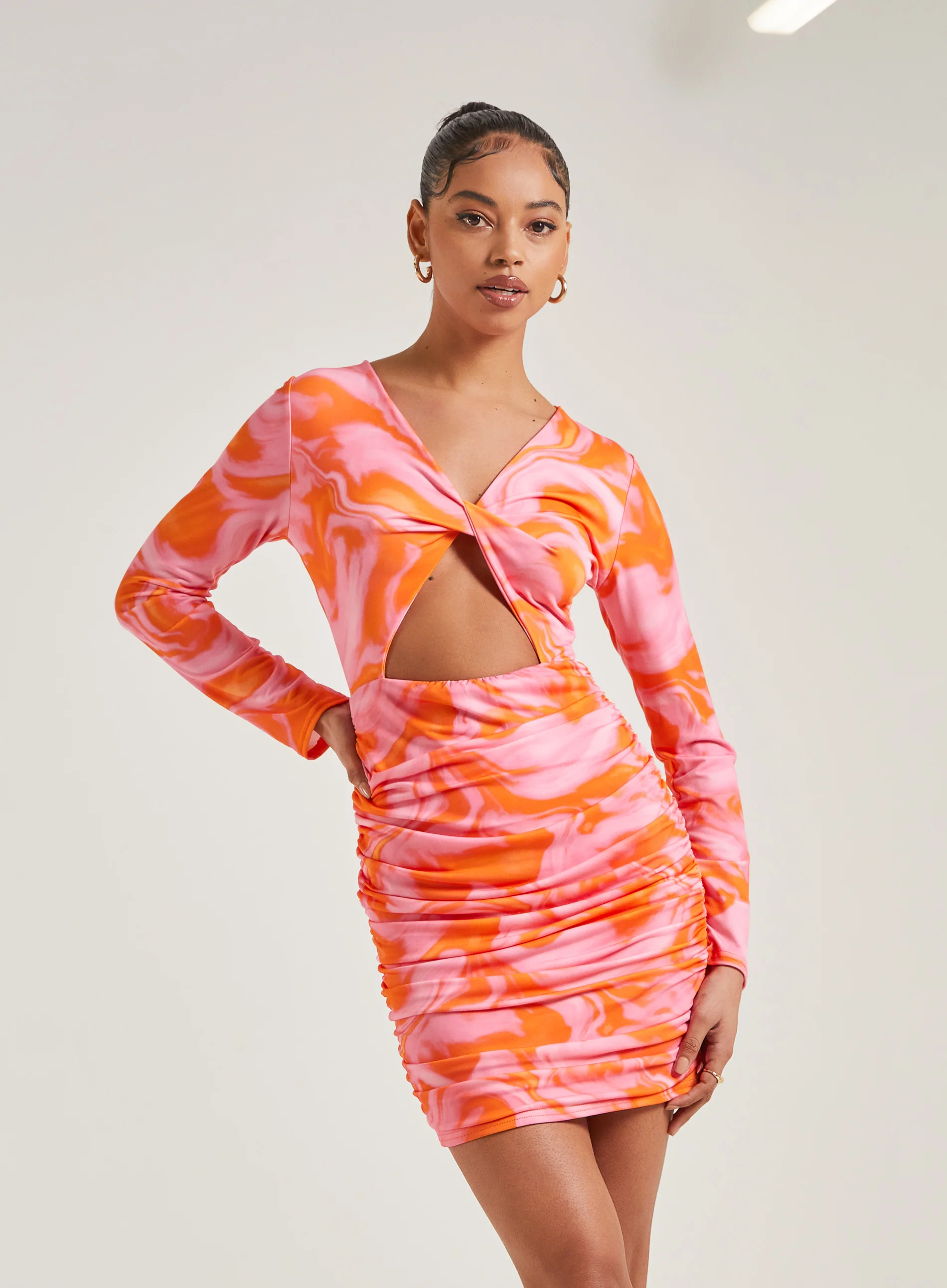 Marble Twist Long Sleeve Cut Out Ruched Mini Dress - Image 2