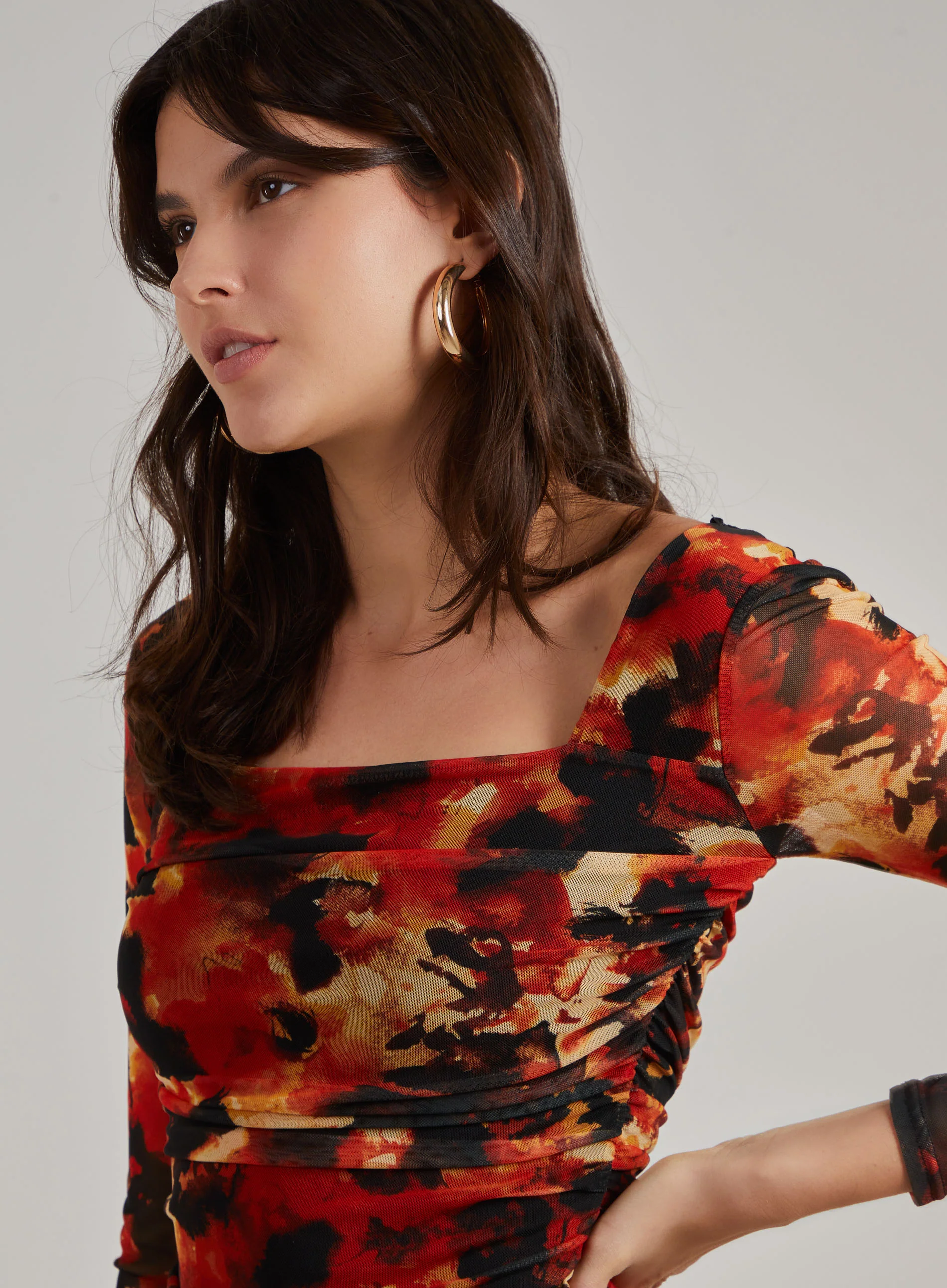 Ruched Smudge Print Long Sleeved Dress - Image 2