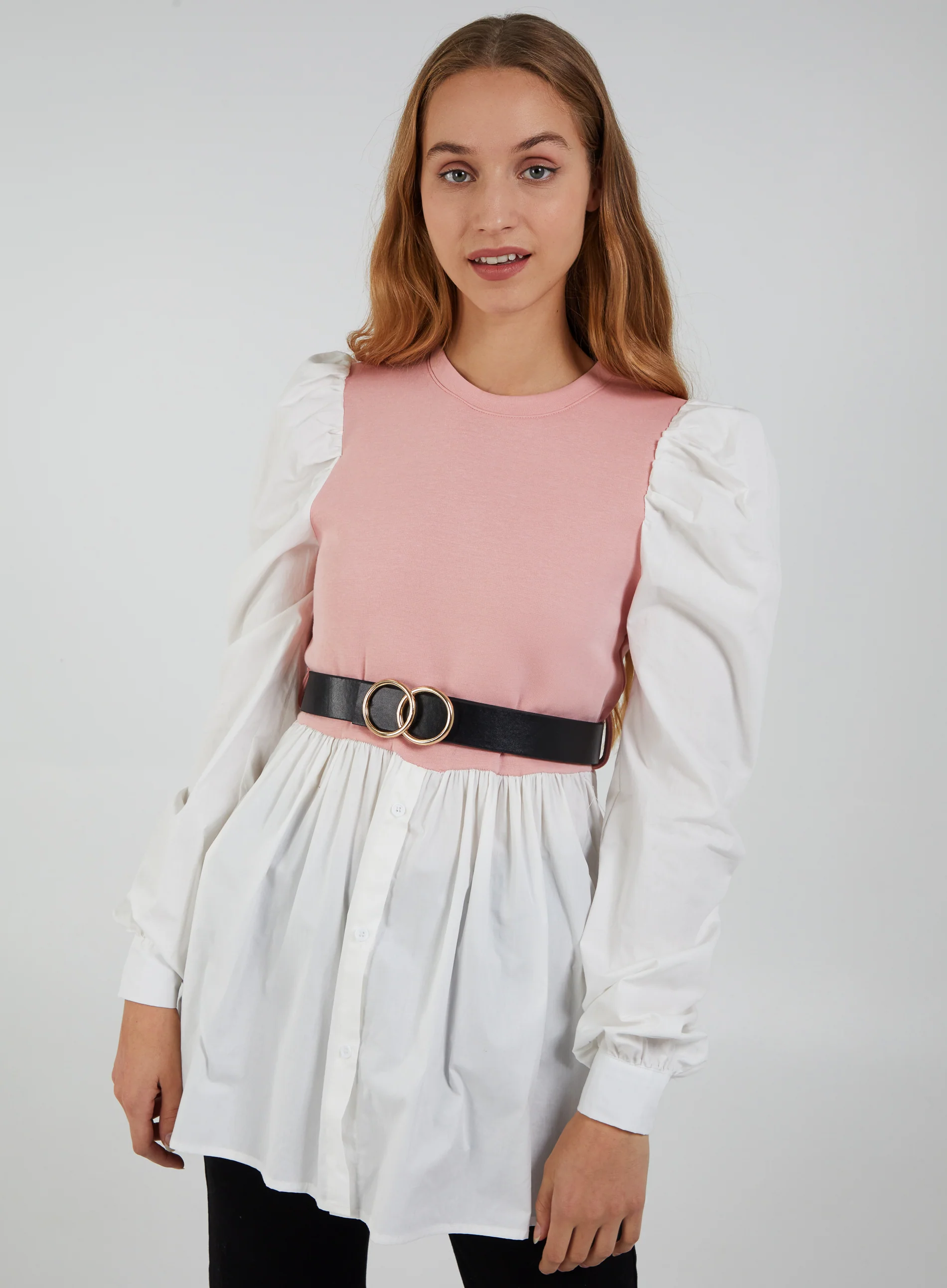 2-1 Puff Sleeve Shirt & Jumper Belted Top