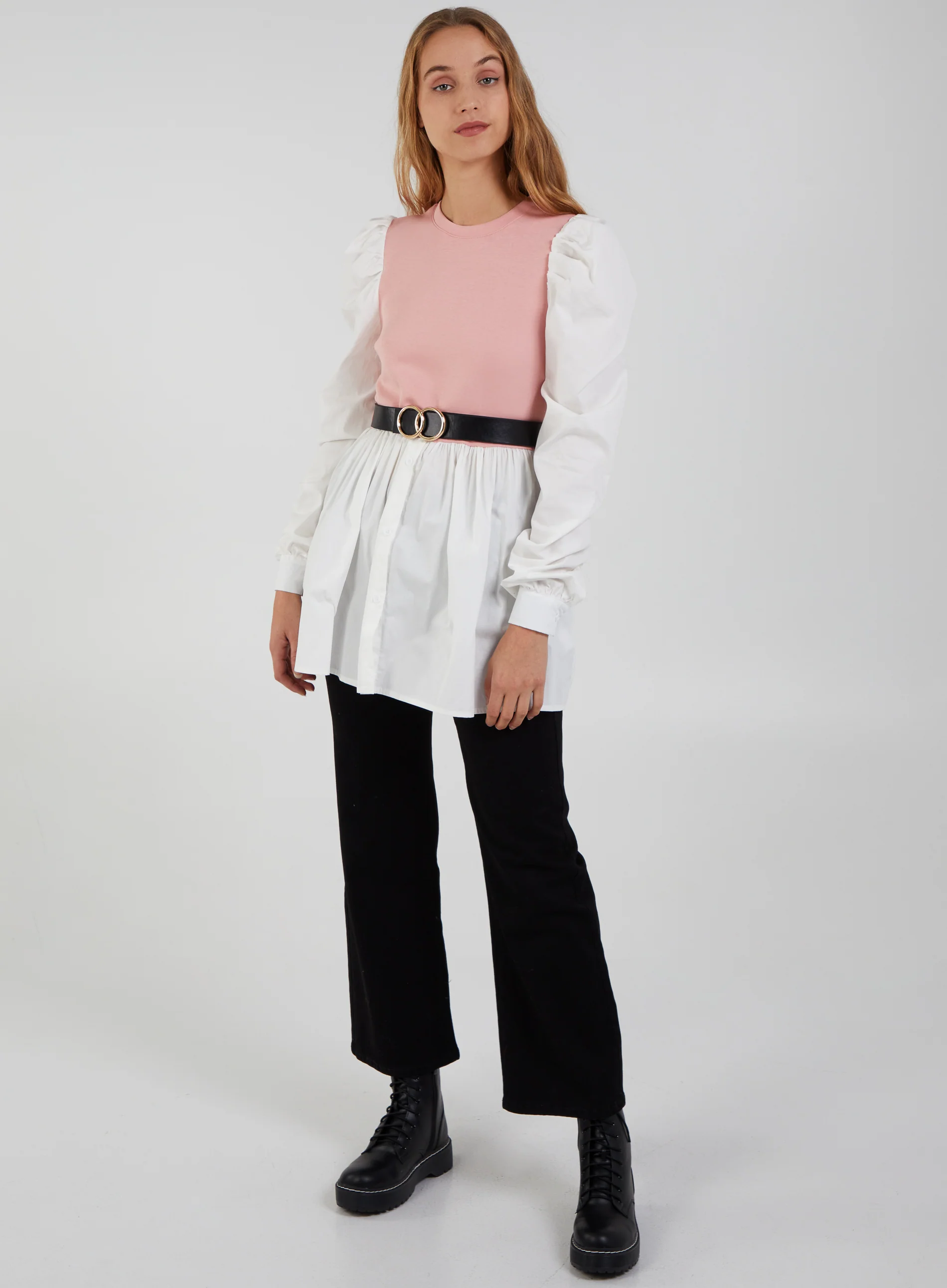 2-1 Puff Sleeve Shirt & Jumper Belted Top - Image 2
