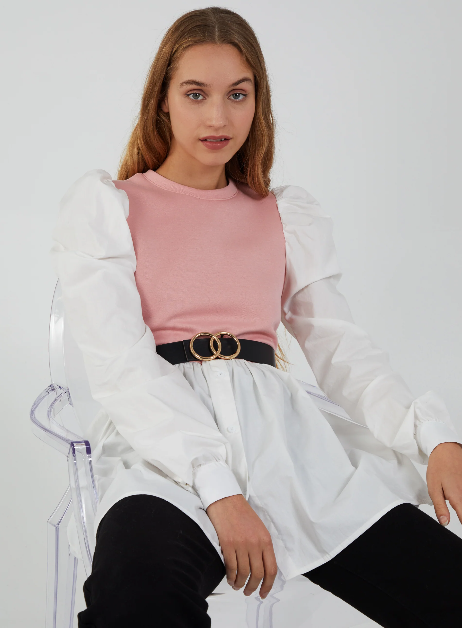 2-1 Puff Sleeve Shirt & Jumper Belted Top - Image 5
