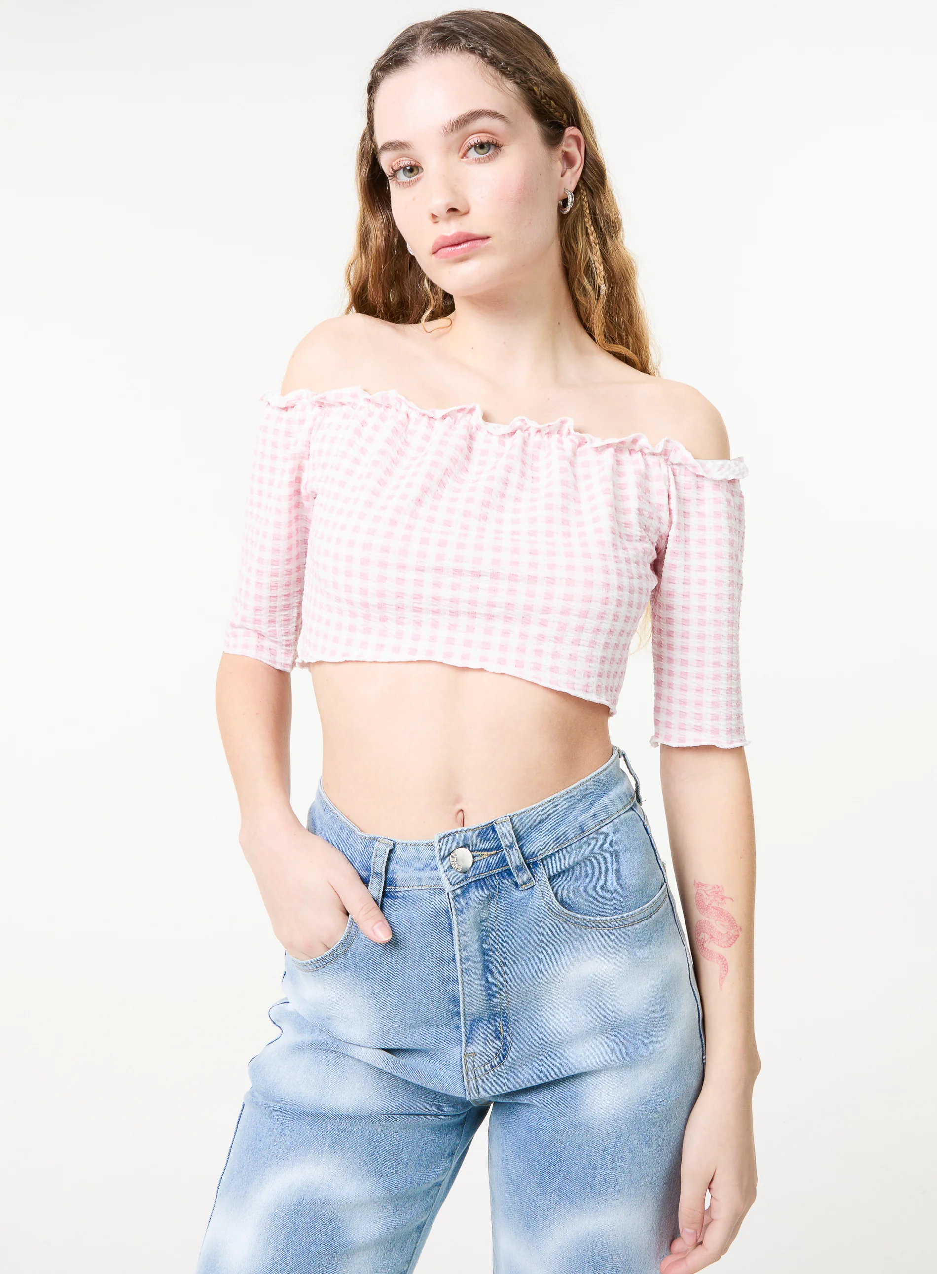 Frill Detail Gingham Bardot Top - Image 3