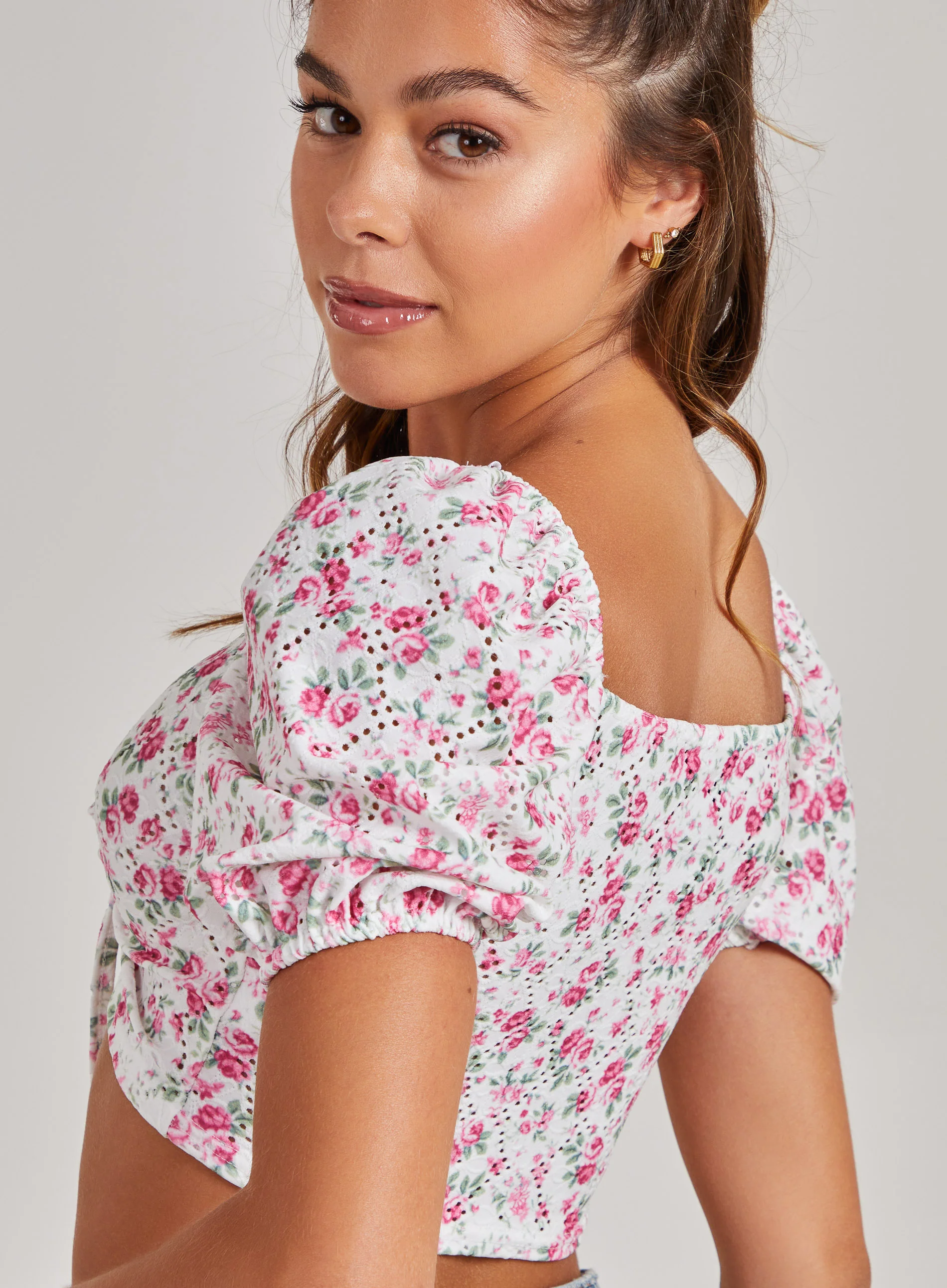 Floral Broderie Puff Sleeve Top - Image 2