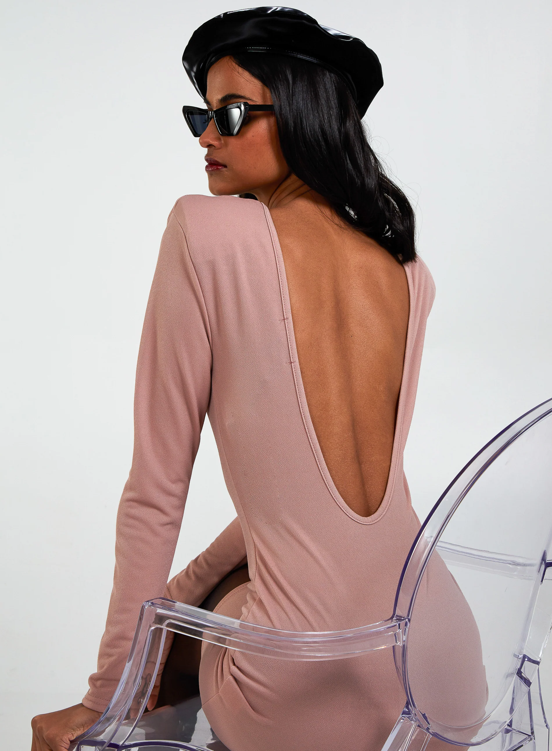 Scoop Neck Long Sleeve Shoulder Pad Dress - Image 2