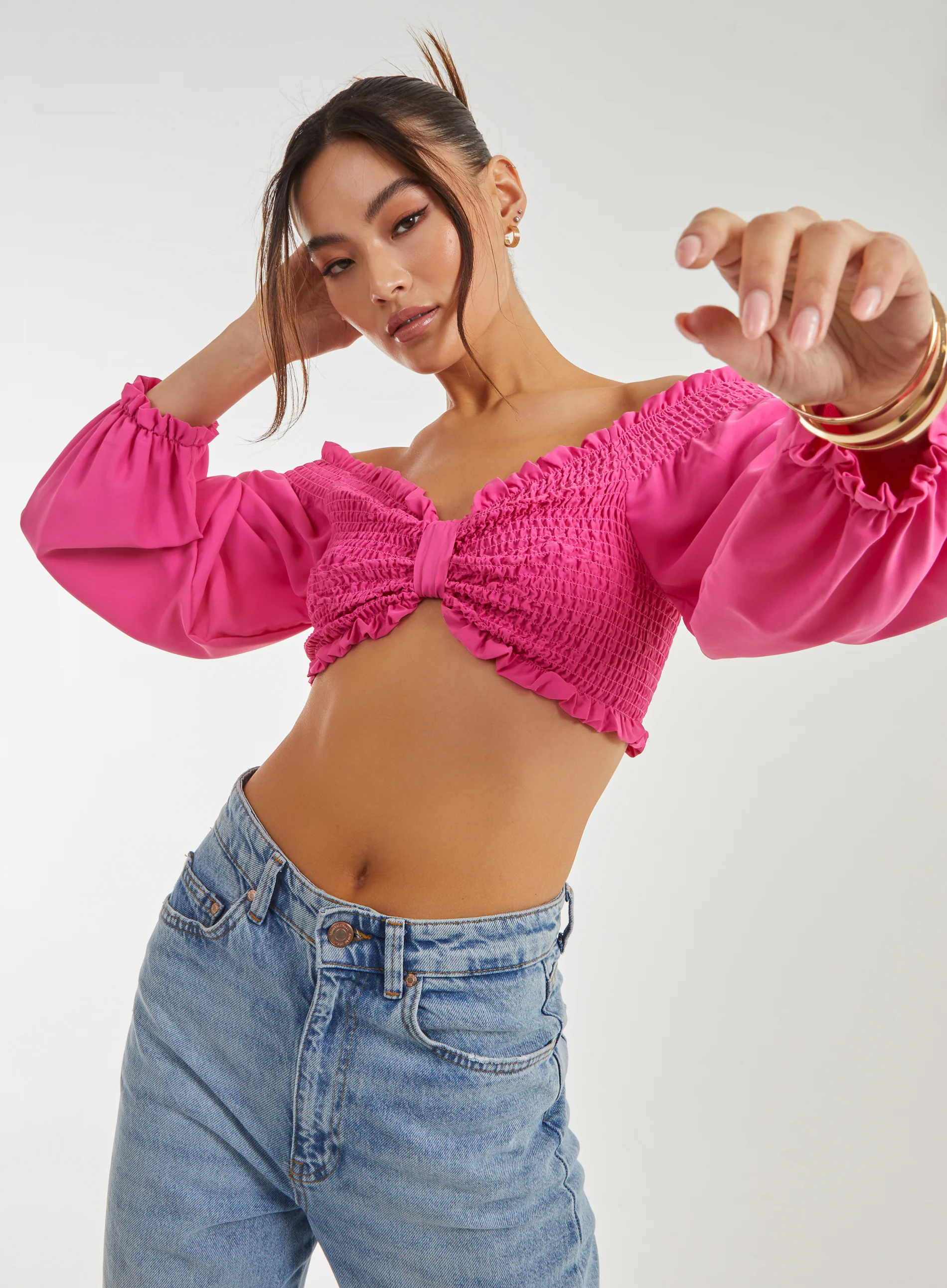 Twist Front Balloon Sleeve Crop Top