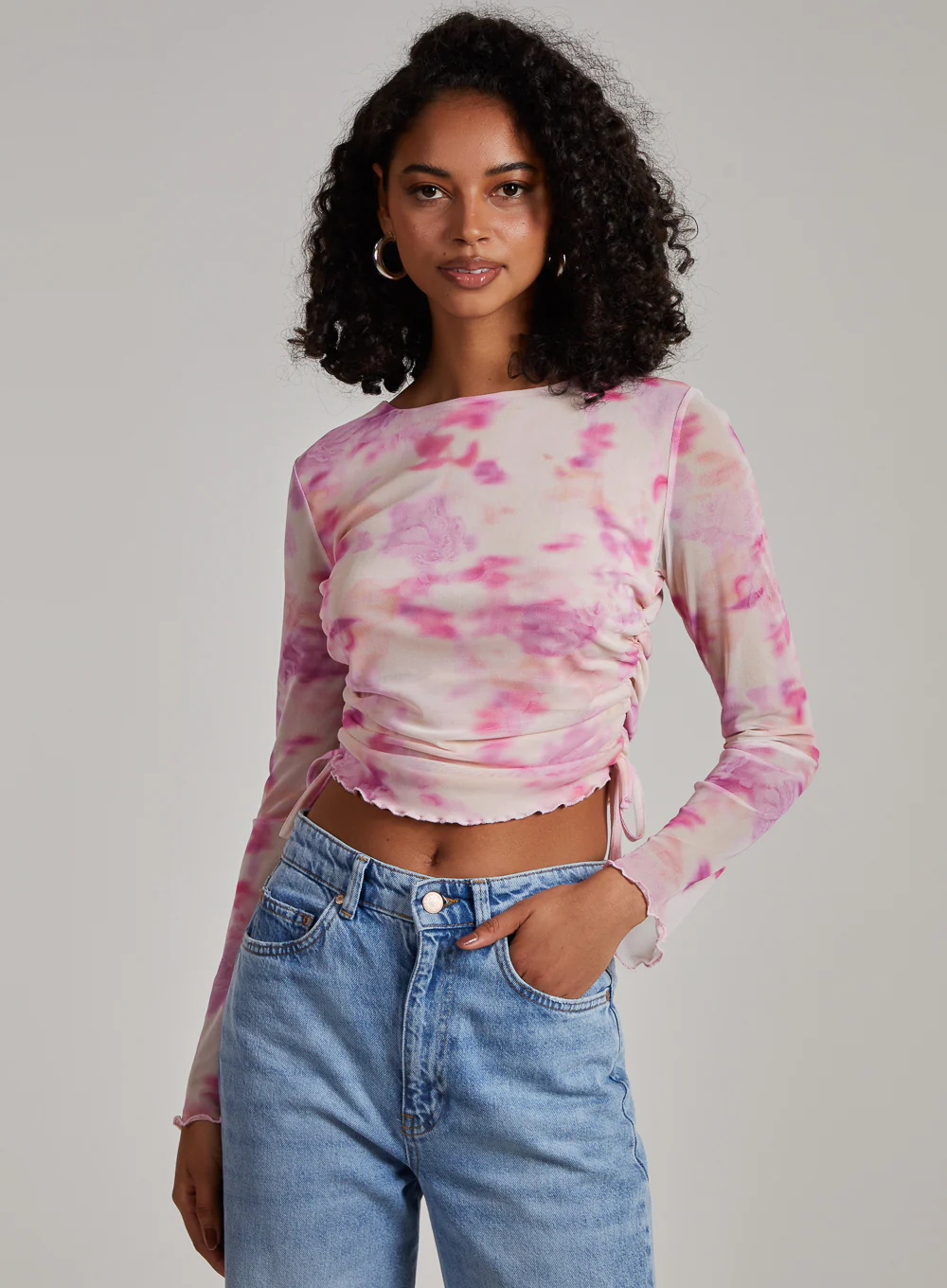 Watercolour Long Sleeve Mesh Crop Top