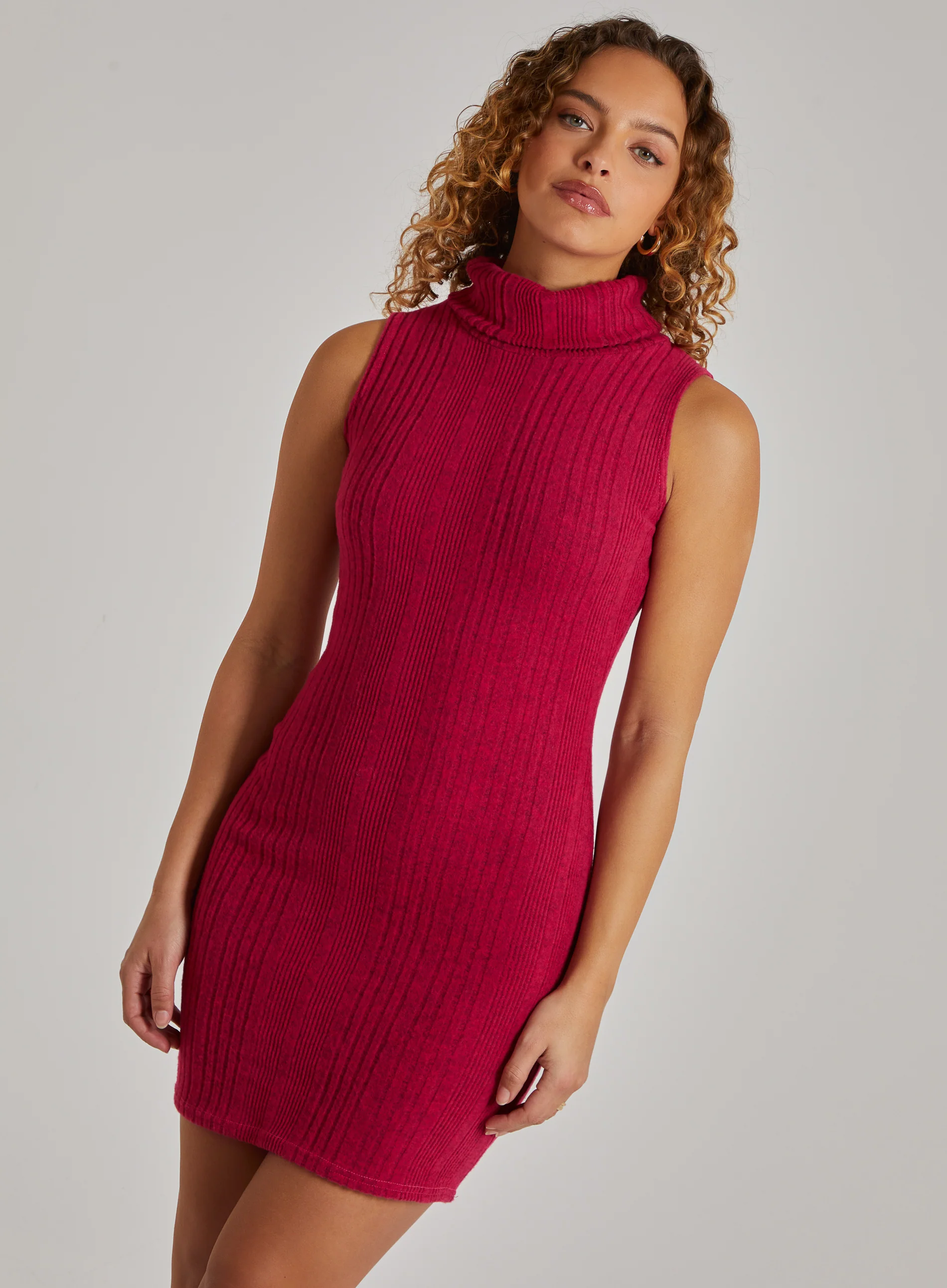 Wide Brushed Rib Sleeveless Roll Neck Dress - Image 2
