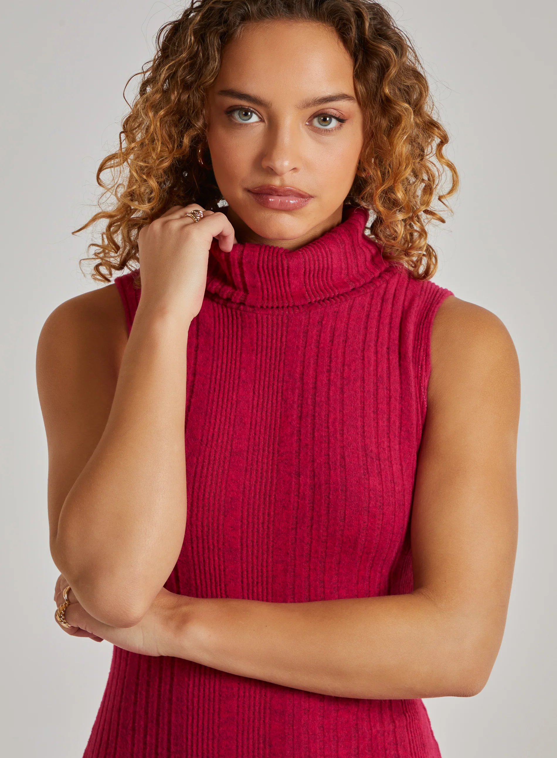 Wide Brushed Rib Sleeveless Roll Neck Dress - Image 3