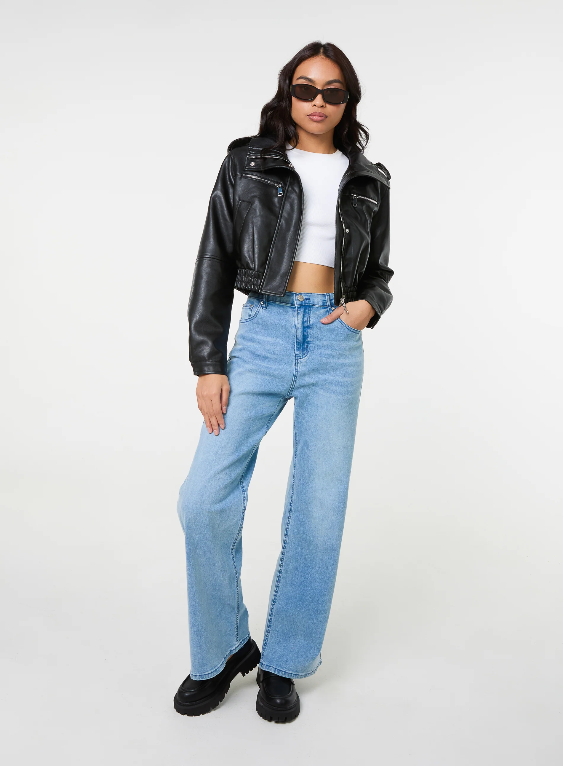 Pocket Detail PU Cropped Bomber Jacket - Image 2