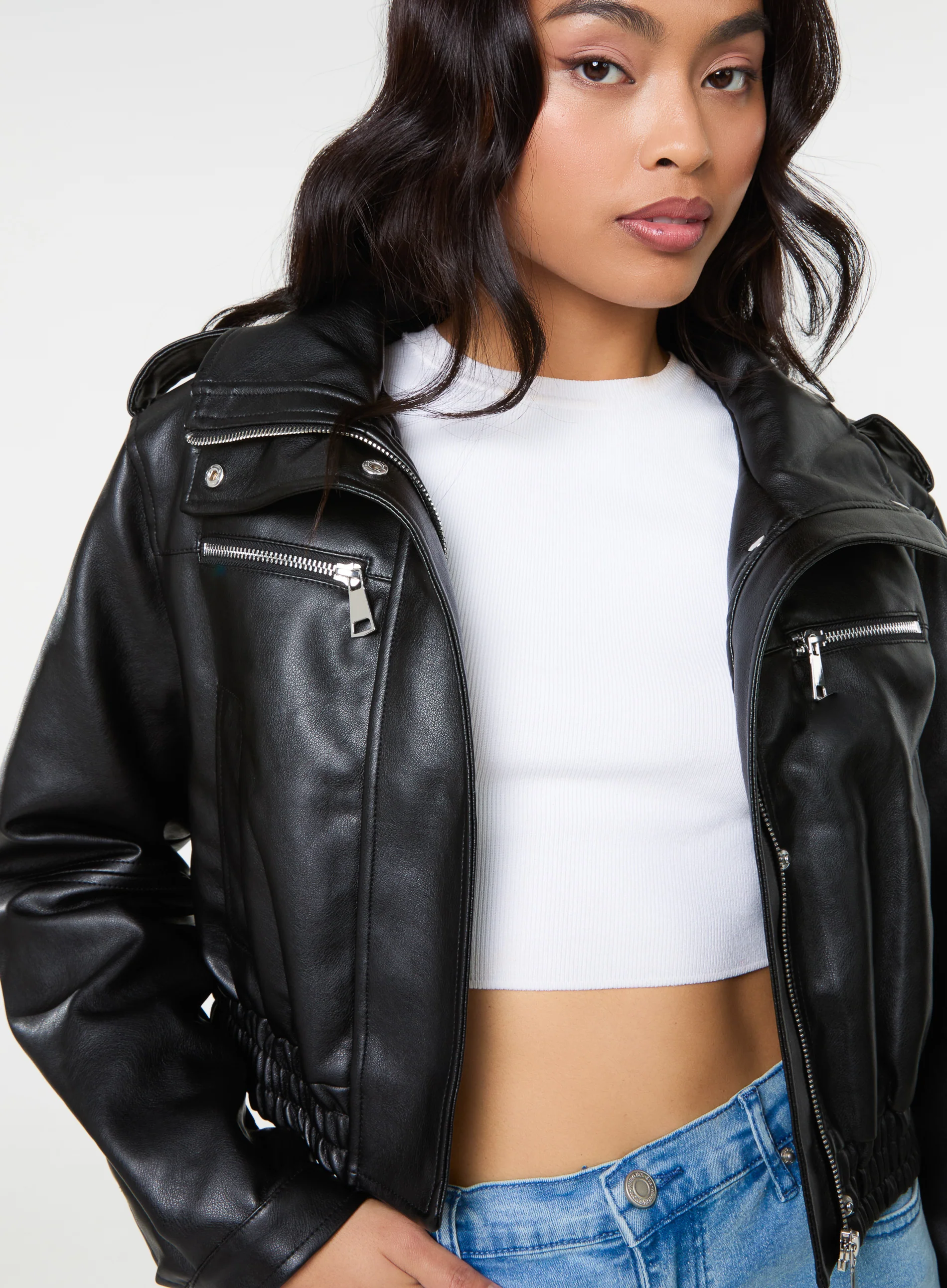 Pocket Detail PU Cropped Bomber Jacket - Image 3