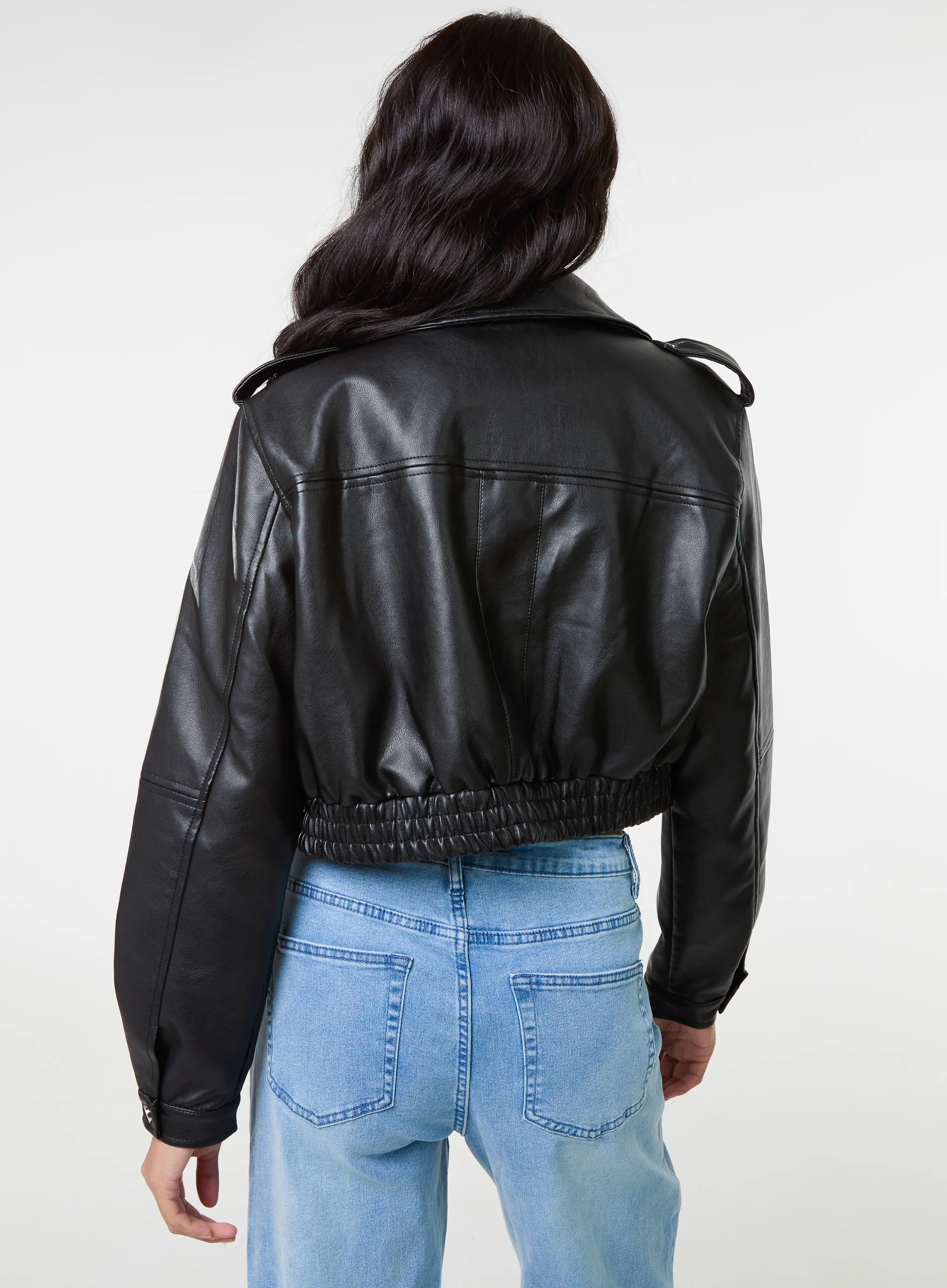 Pocket Detail PU Cropped Bomber Jacket - Image 4