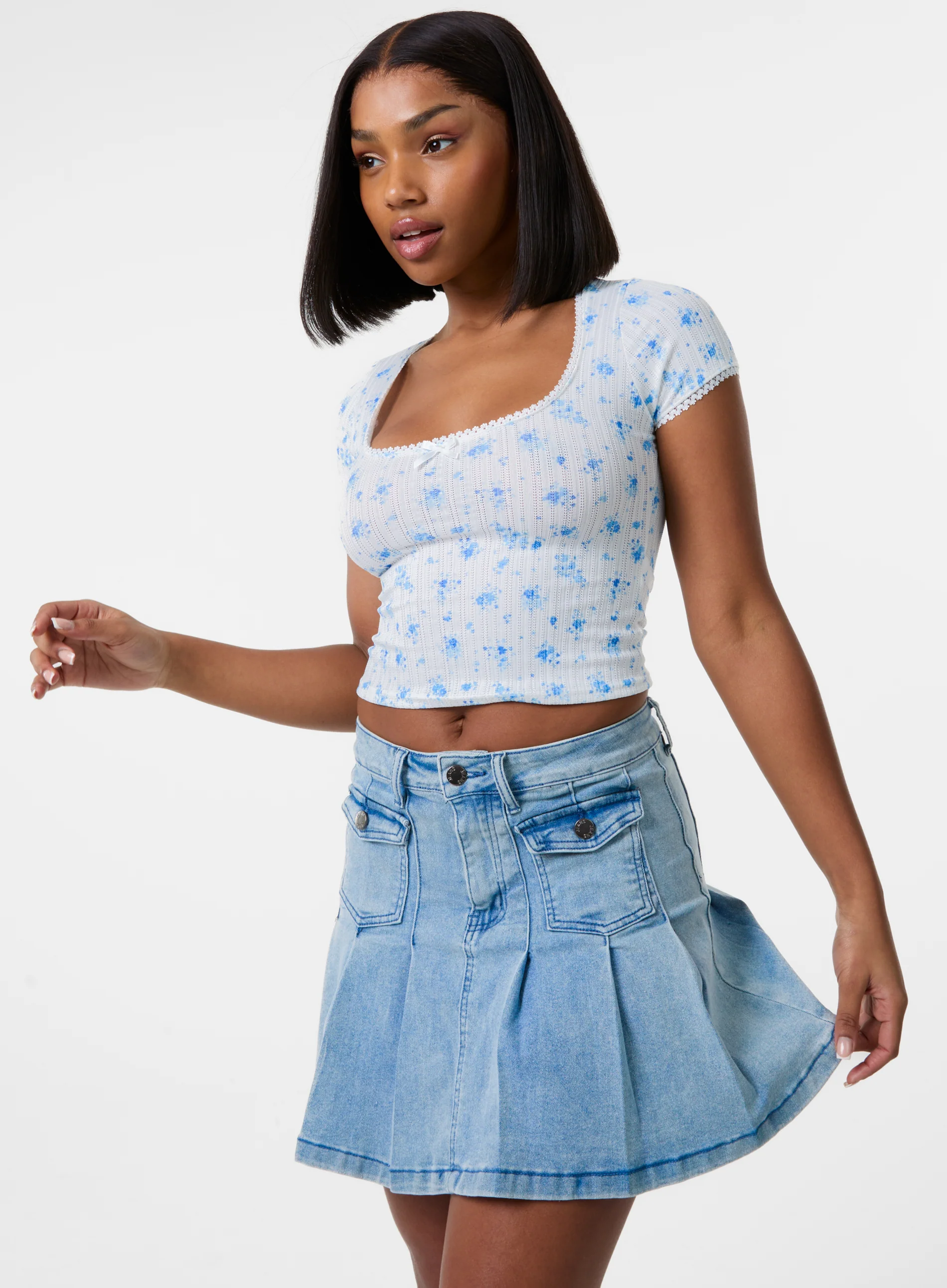 Pointelle Ditsy Print Crop Top - Image 3