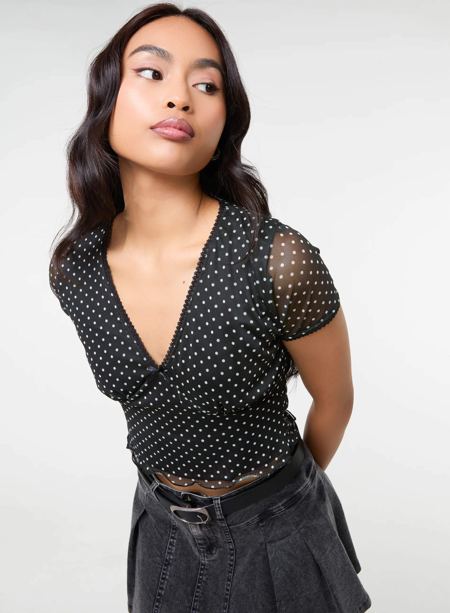 Polka Dot Mesh Cap Sleeve Crop Top