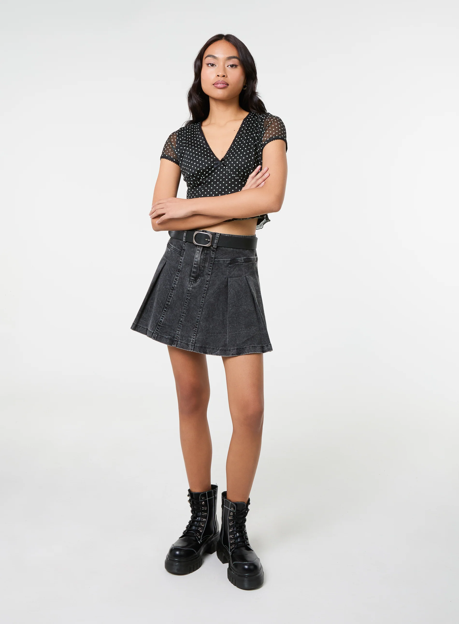 Polka Dot Mesh Cap Sleeve Crop Top - Image 2