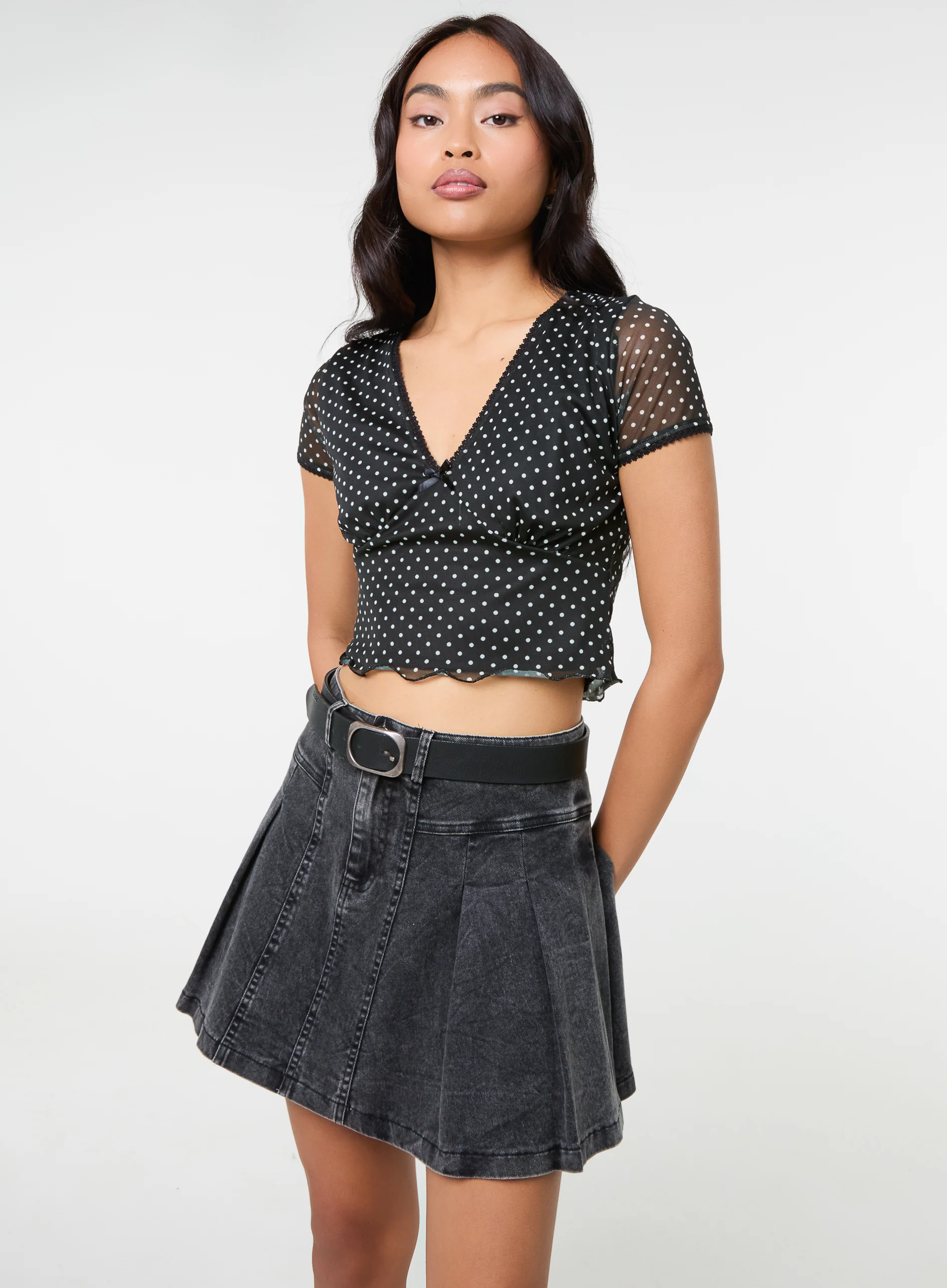 Polka Dot Mesh Cap Sleeve Crop Top - Image 3