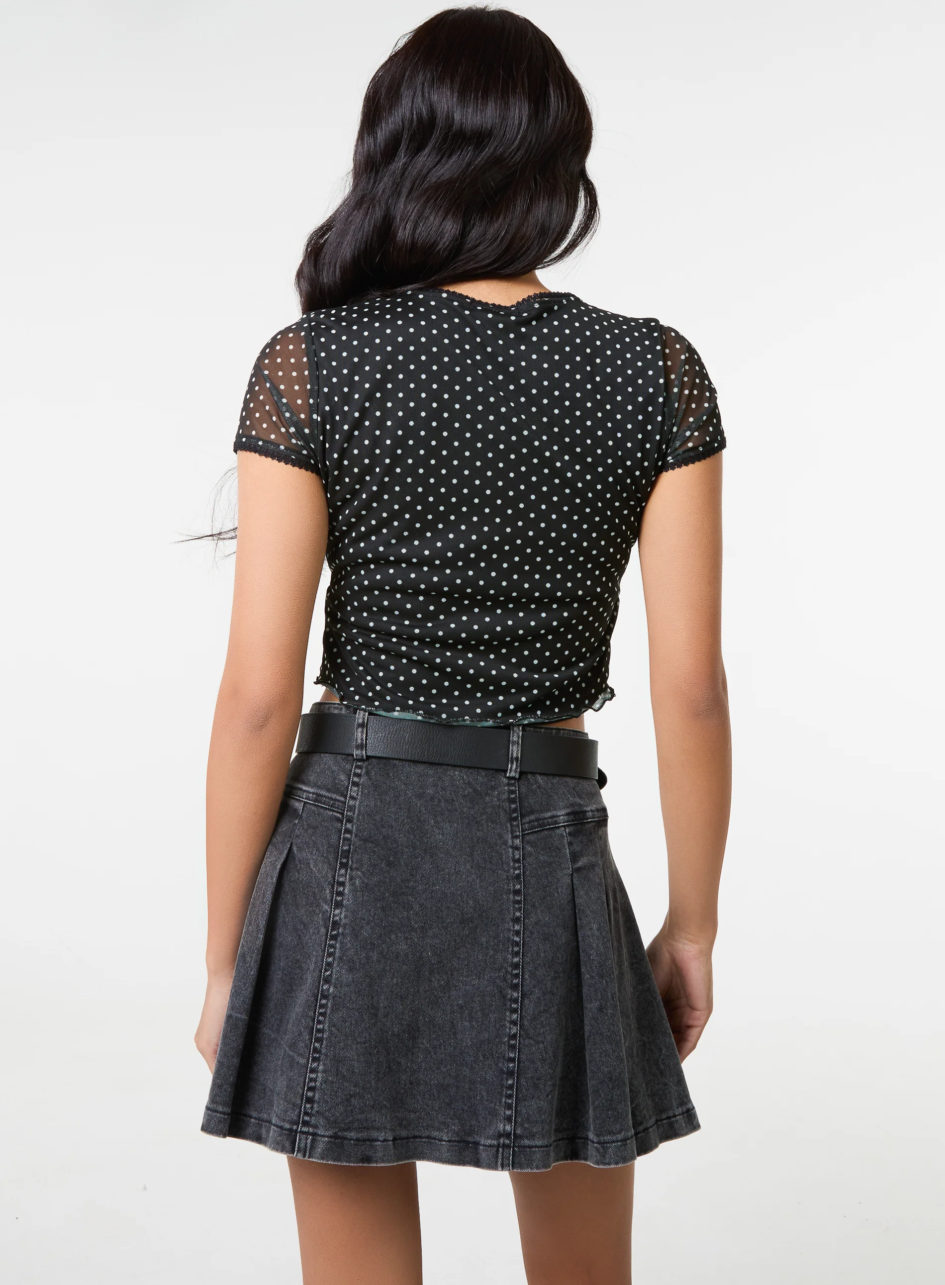 Polka Dot Mesh Cap Sleeve Crop Top - Image 4