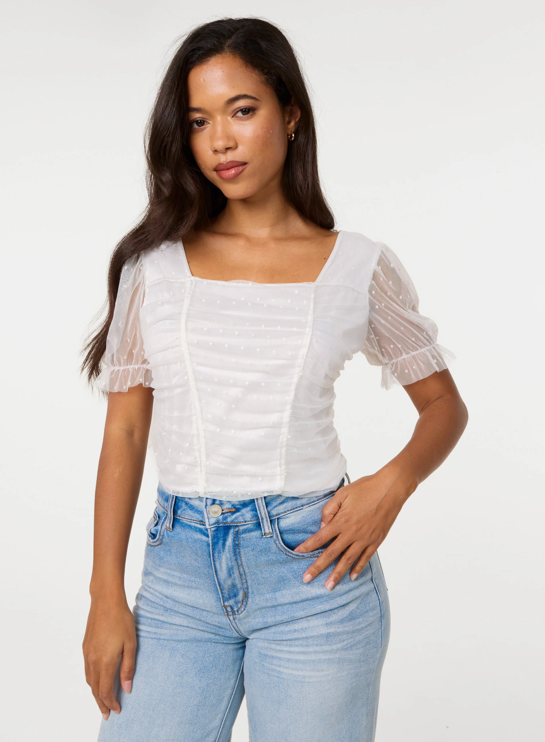 Polka Mesh Square Neck Top