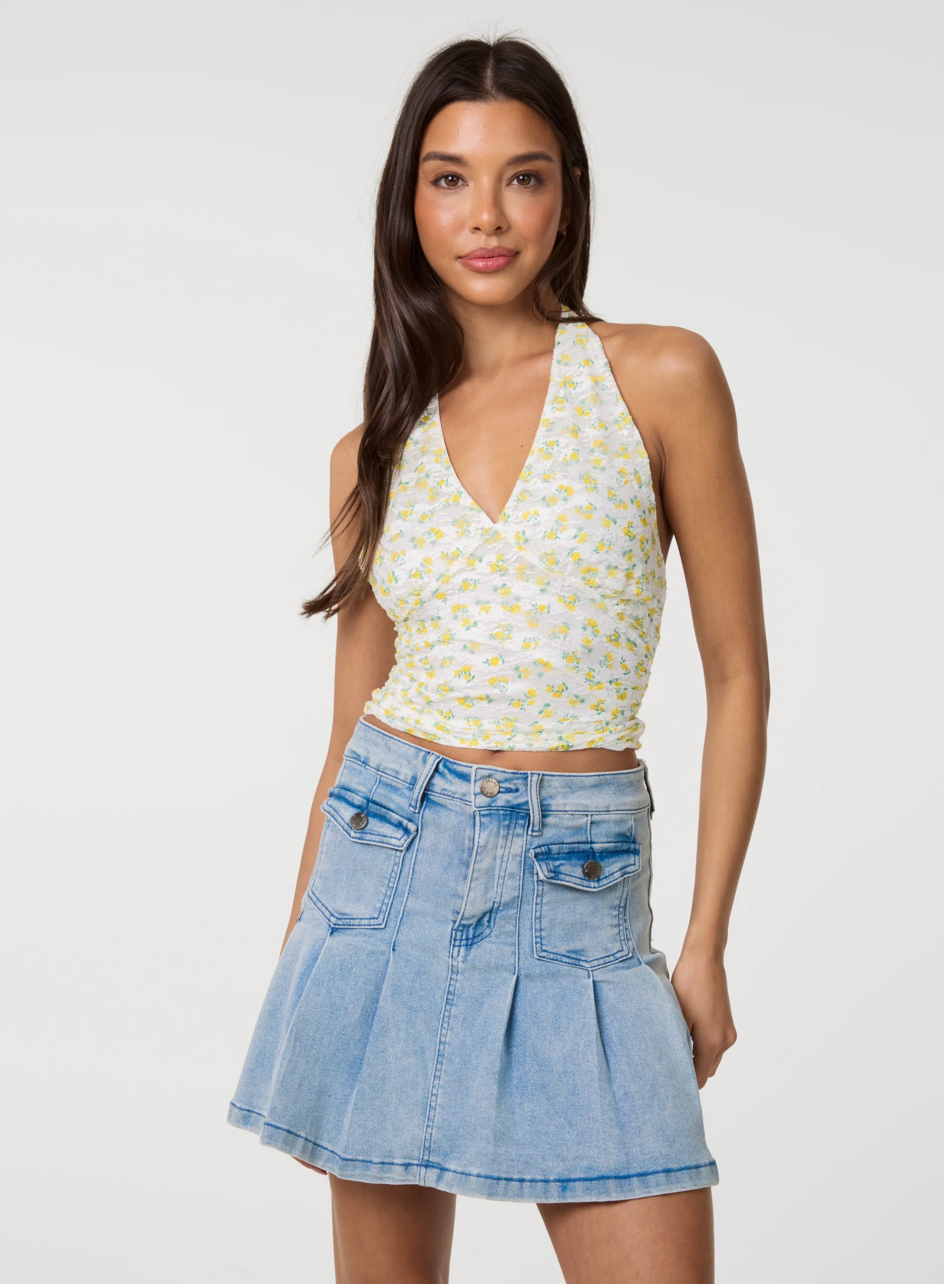 Lemon Printed Lace Halter Neck Top