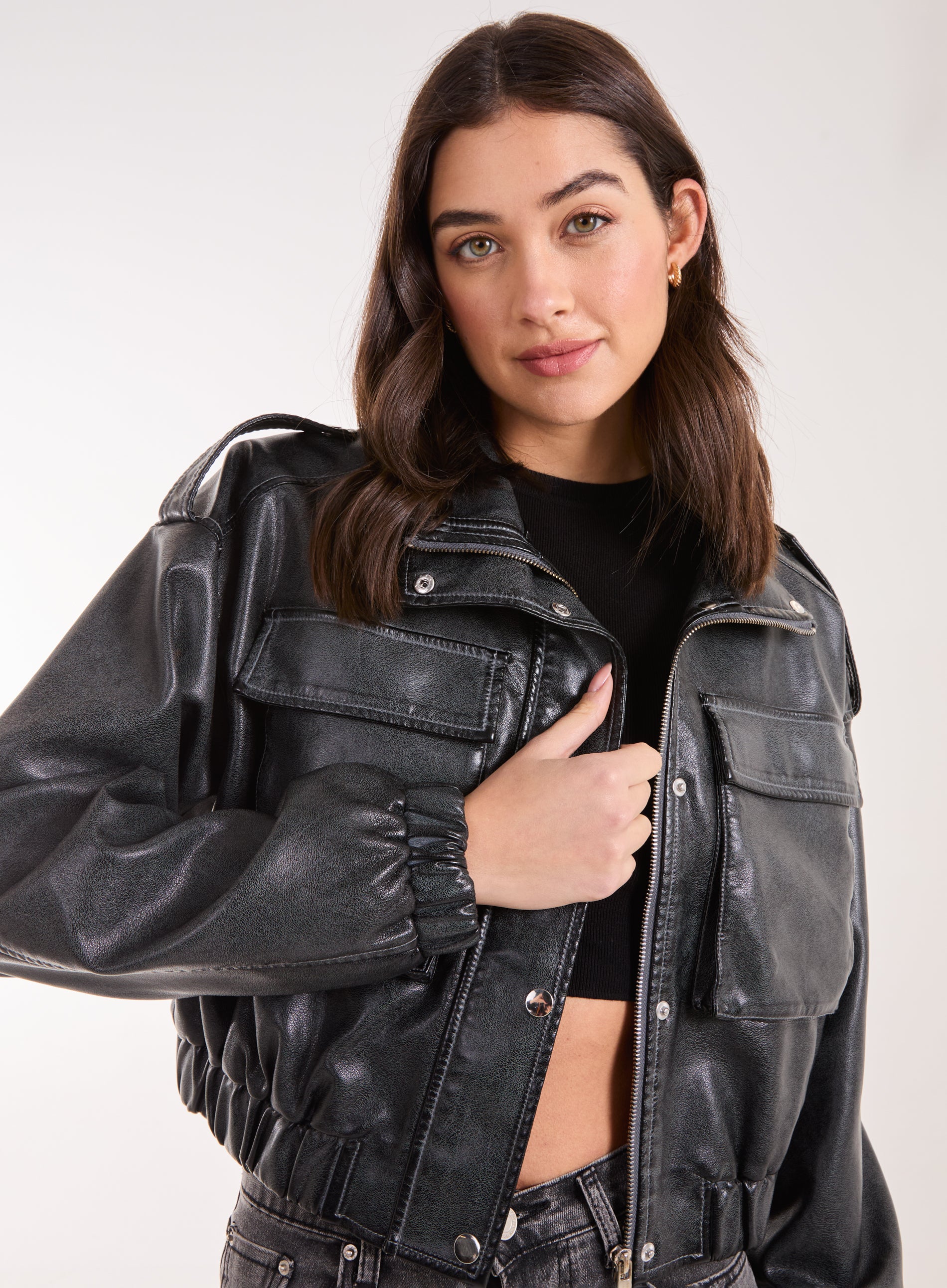PU Utility Cropped Bomber Jacket - Image 3