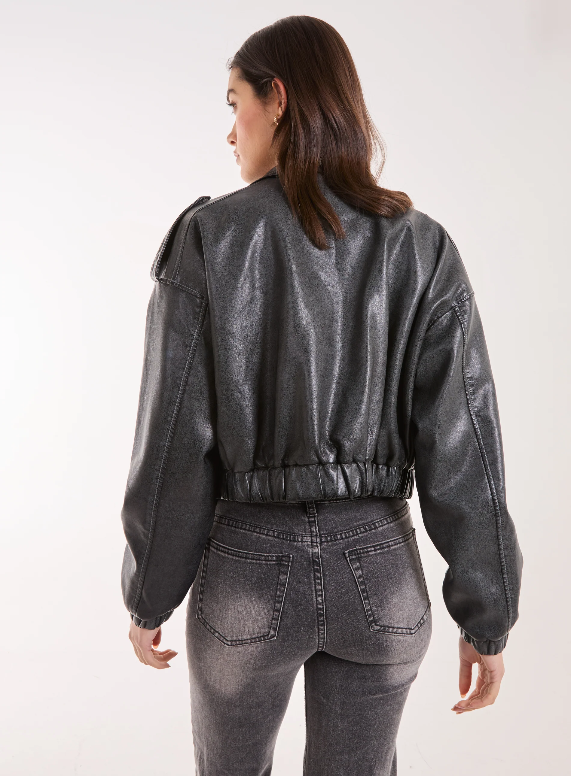 PU Utility Cropped Bomber Jacket - Image 4