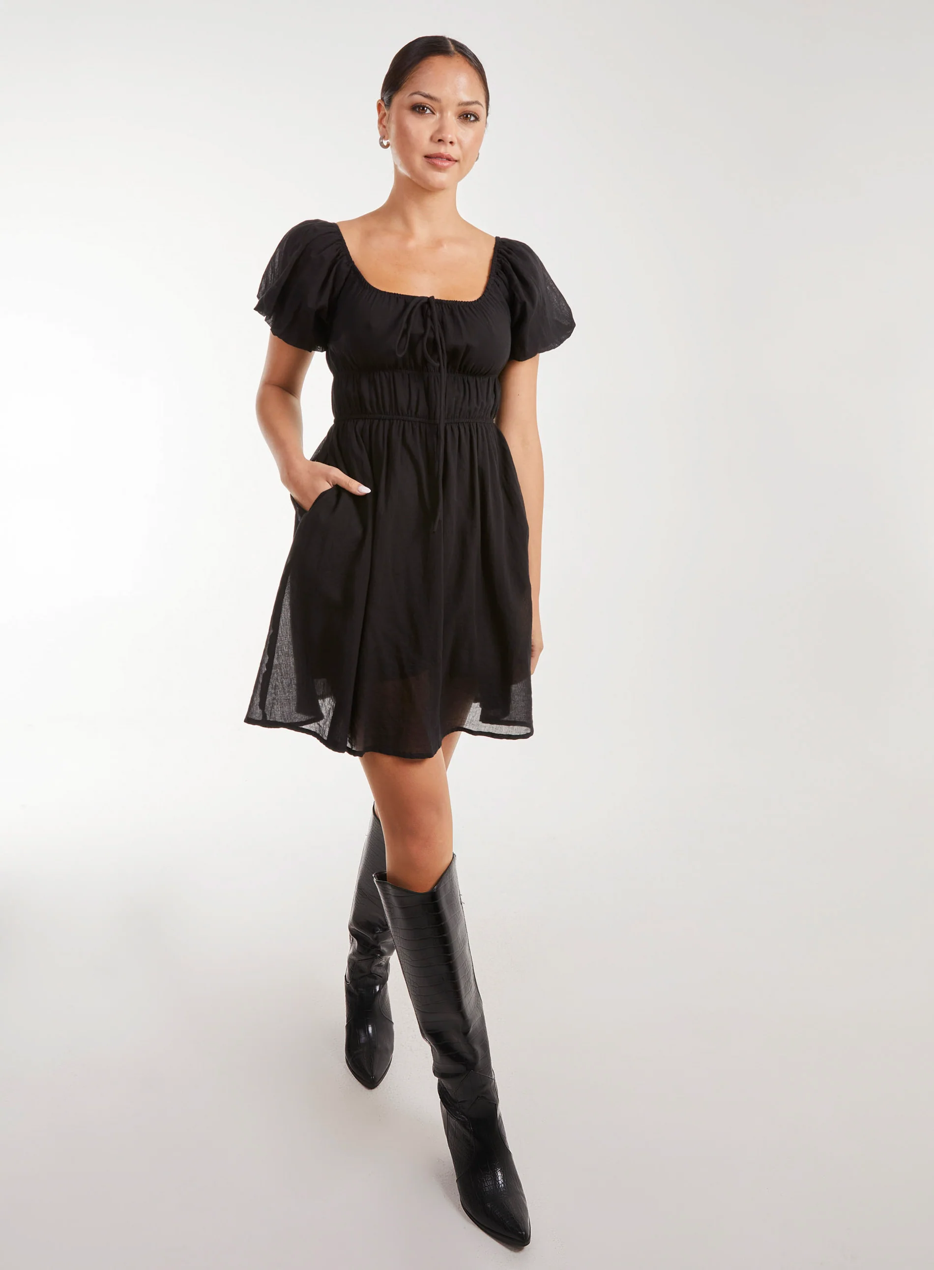 Puff Sleeve Mini Dress with Shorts - Image 2