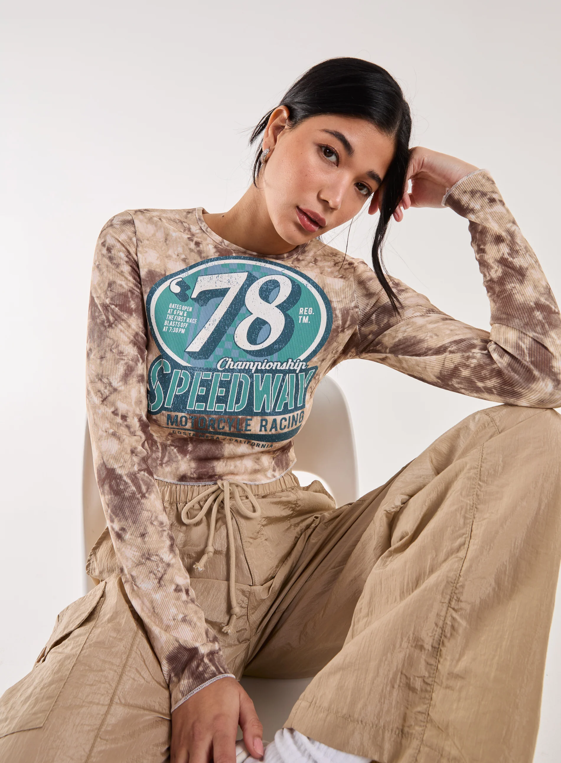Racer Washed Printed Long Sleeve Top