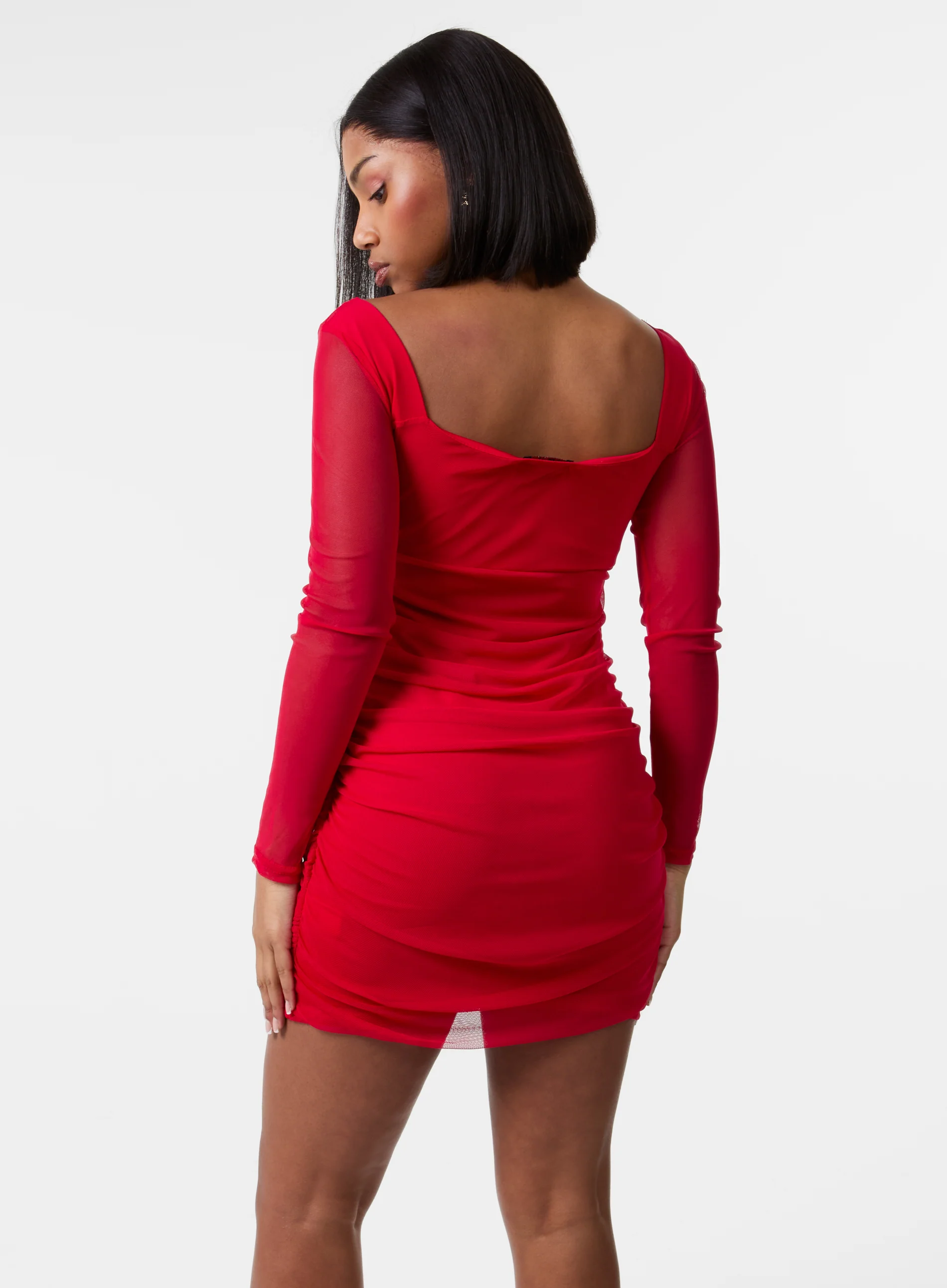 Long Sleeve Gathered Mesh Mini Dress - Image 4