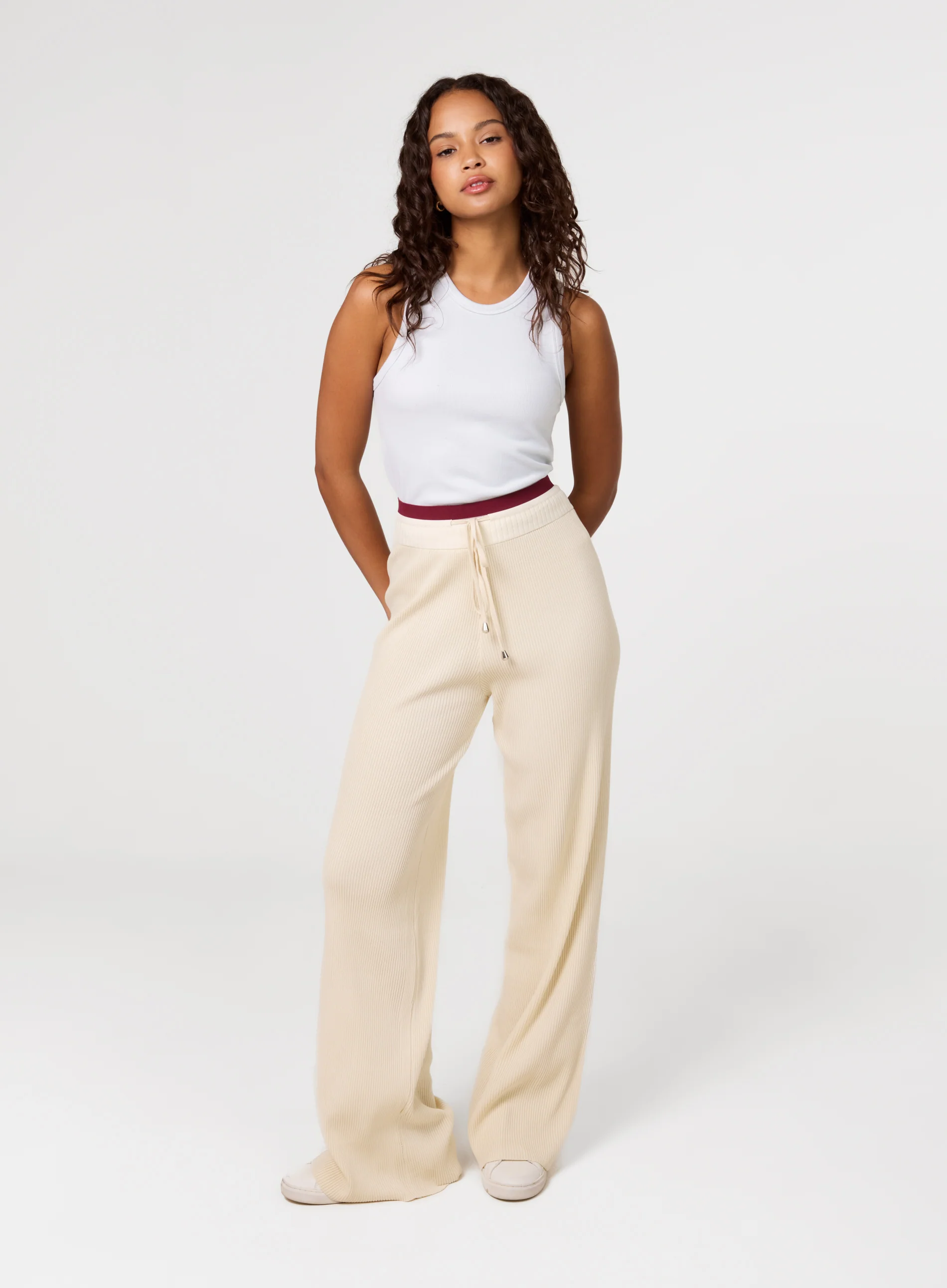 Ribbed Contrast Waist Wide Leg Joggers