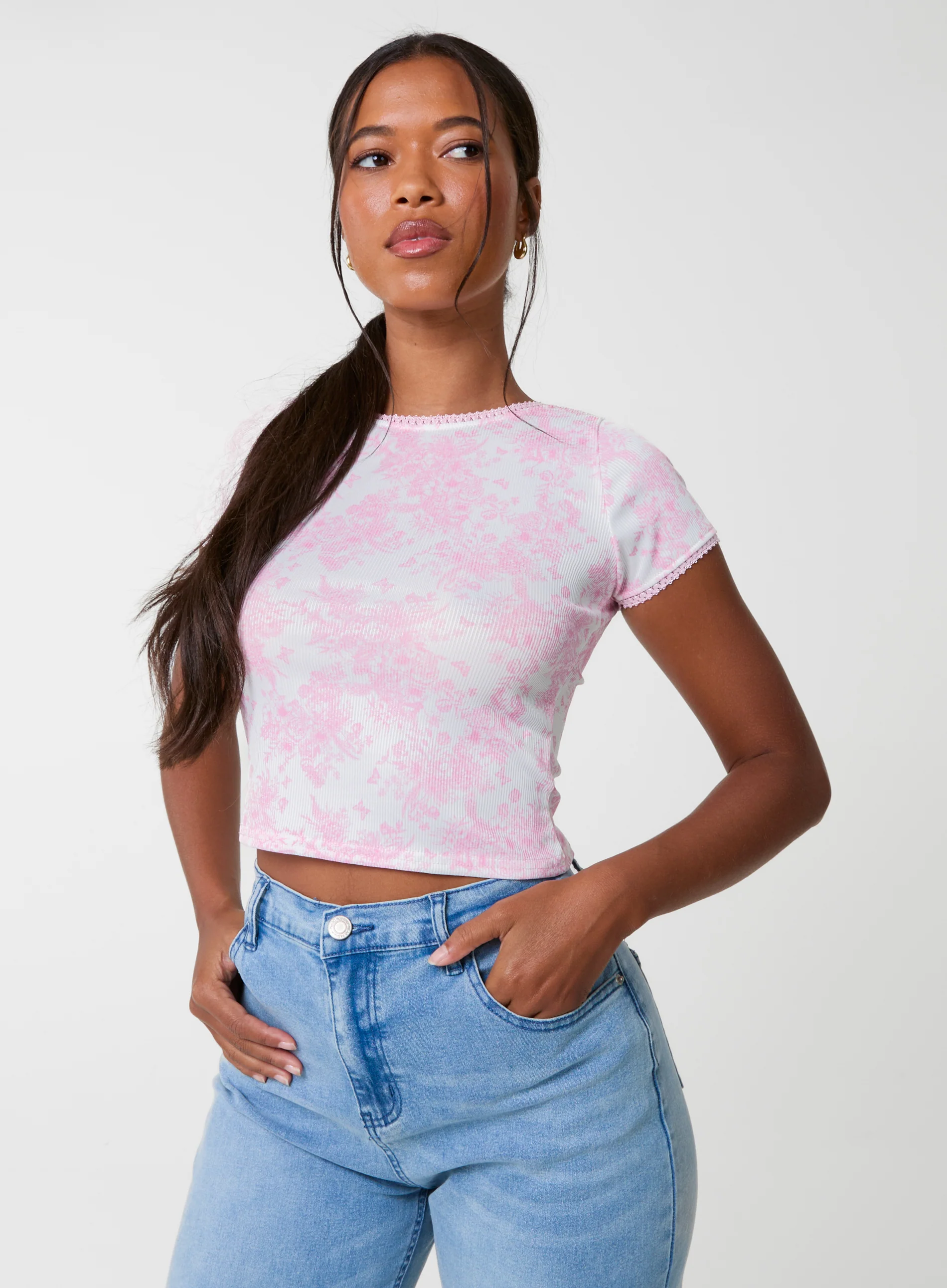 Ribbed Crop Top In Floral Print