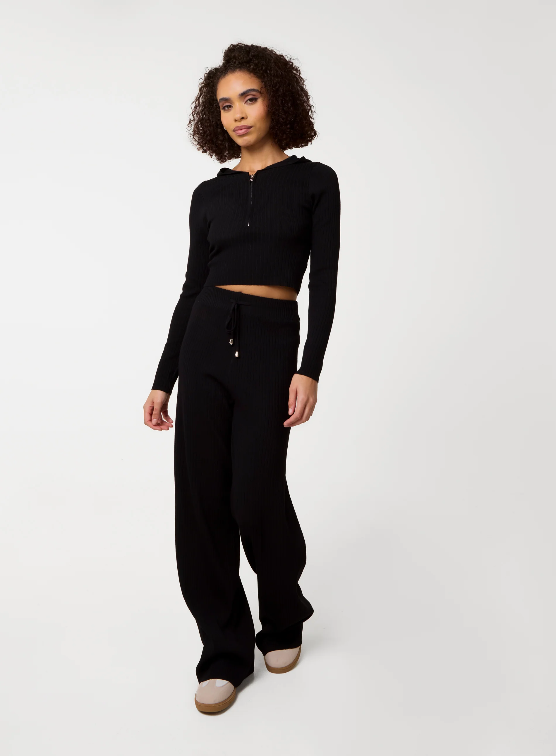 Ribbed Half Zip Hoodie And Wide Leg Set - Image 3