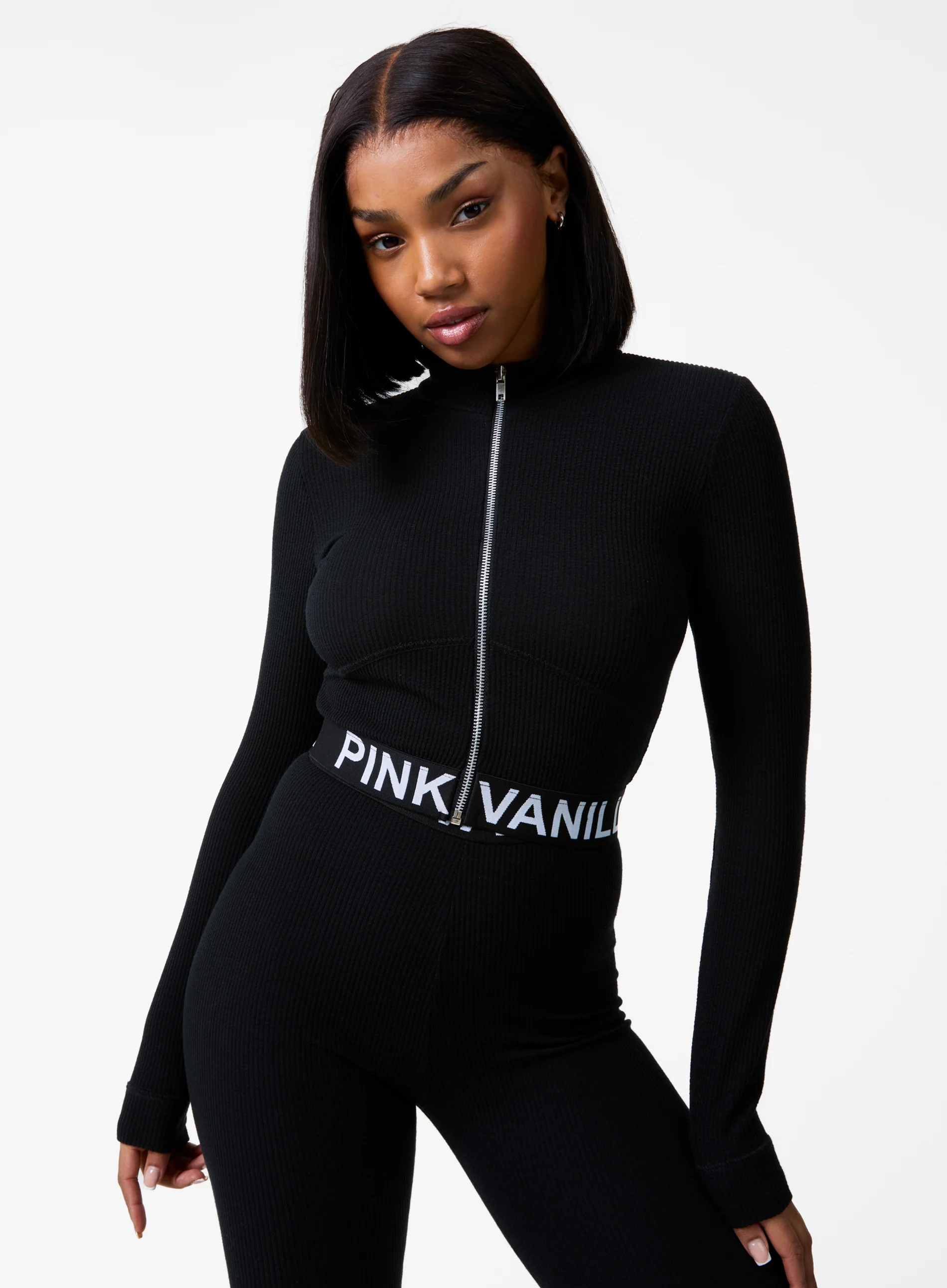 Ribbed Zip Up Top With Logo Band