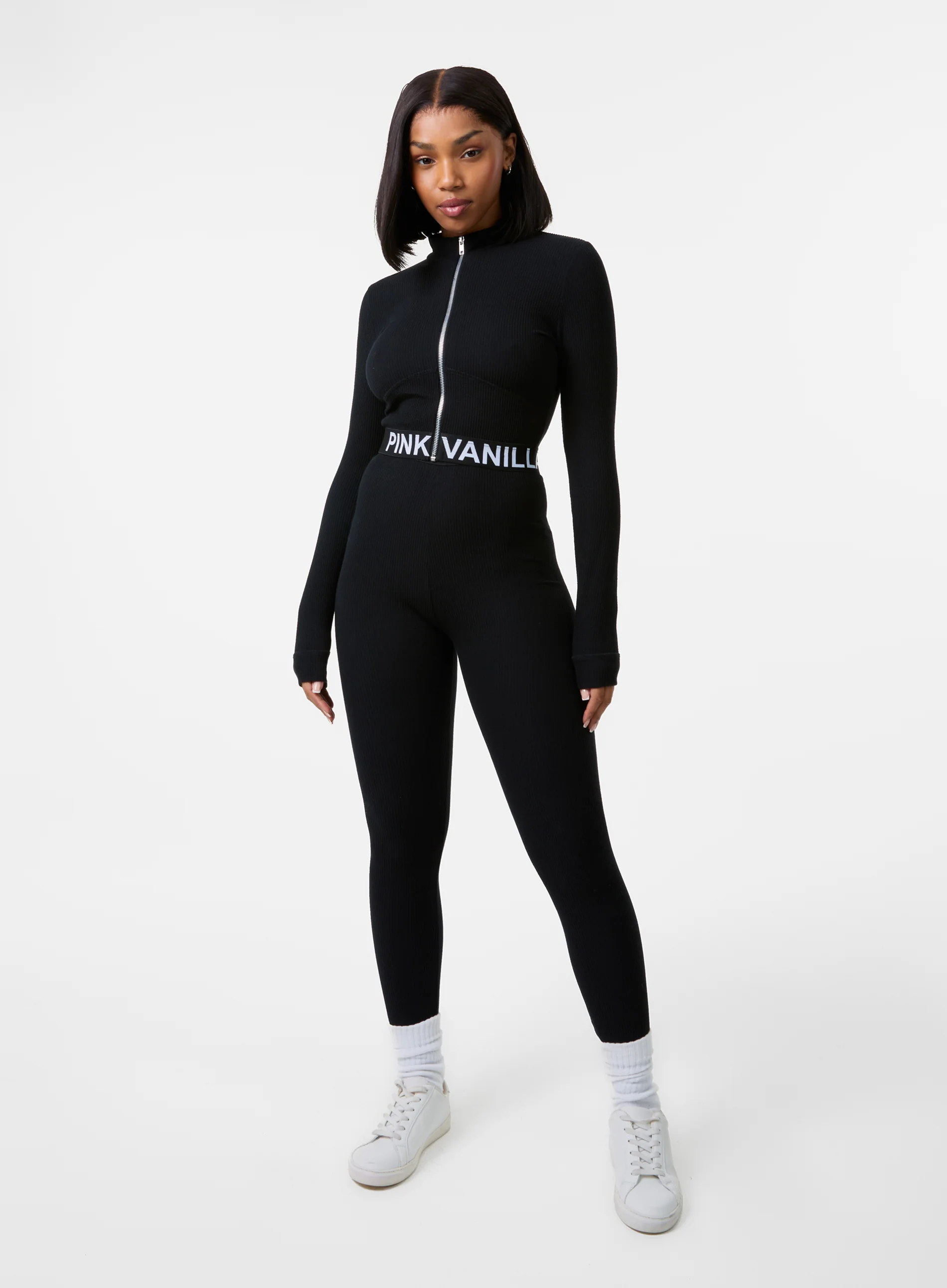 Ribbed Zip Up Top With Logo Band - Image 2